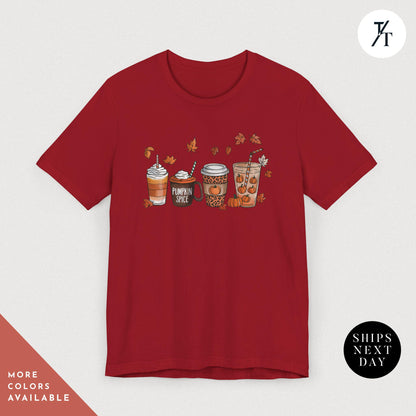 a red t - shirt with three cups of coffee on it