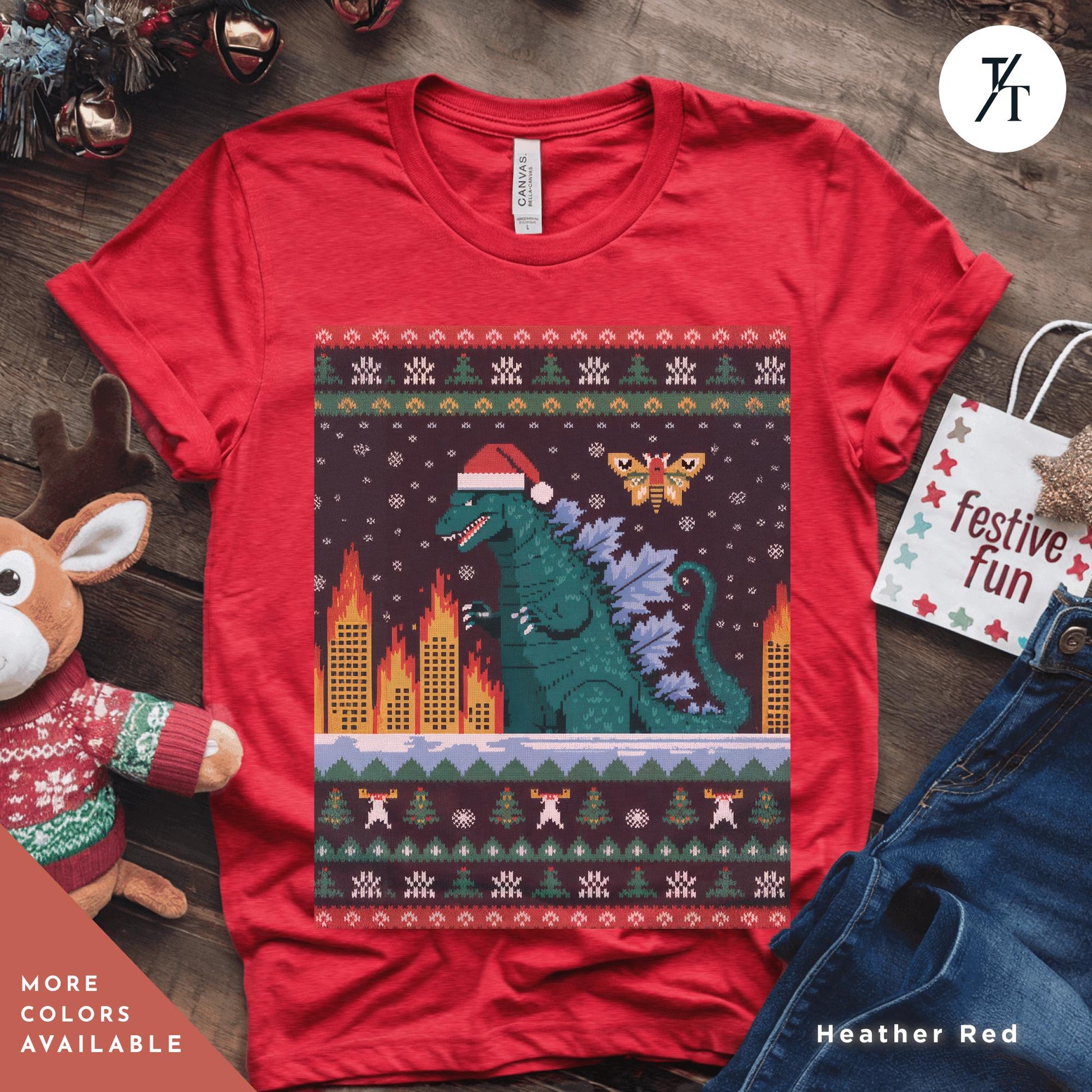 a red t - shirt with a Godzilla christmas shirt, Funny Ugly Godzilla Christmas T-Shirt Men, Gift For Him, Holiday Party tShirt, King Of The Monsters Gifts For Dad