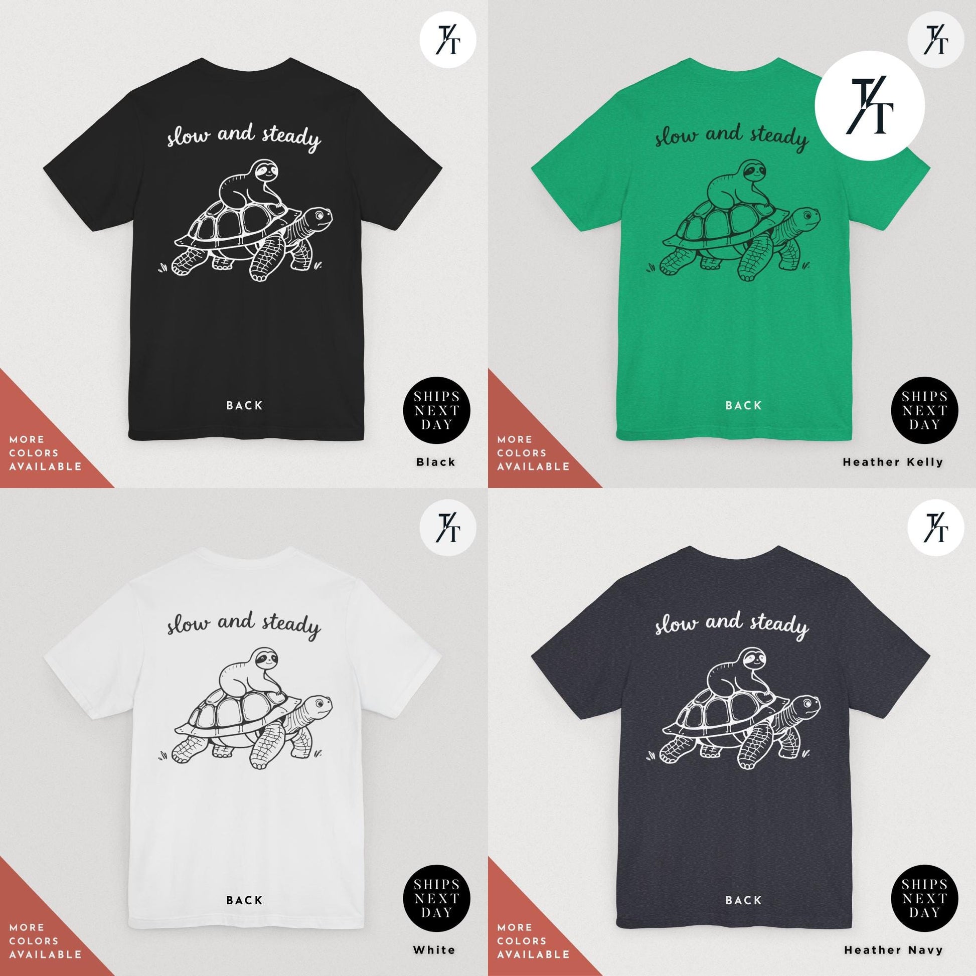 a group of four t - shirts with different designs on them,  a picture of a sloth riding a turtle on it, Sloth Riding Turtle Shirt, Sloth Lover Gift, Vintage Retro Shirt Running Shirt, Funny Animal Lover Tee, Slow and Steady Cute Tortoise Shirt