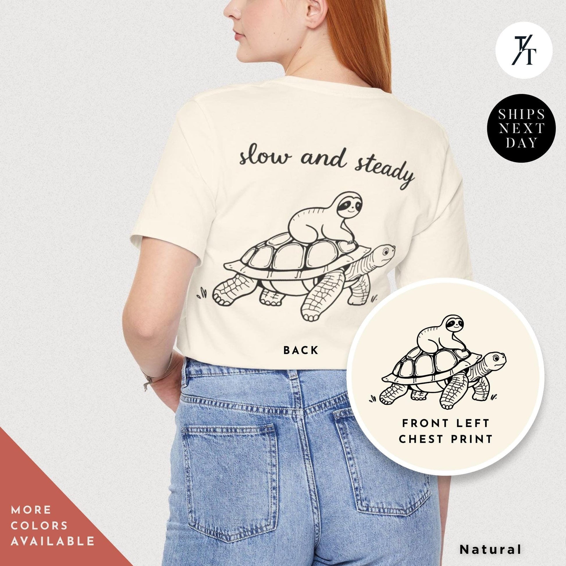 a woman wearing a t - shirt with  a picture of a sloth riding a turtle on it, Sloth Riding Turtle Shirt, Sloth Lover Gift, Vintage Retro Shirt Running Shirt, Funny Animal Lover Tee, Slow and Steady Cute Tortoise Shirt