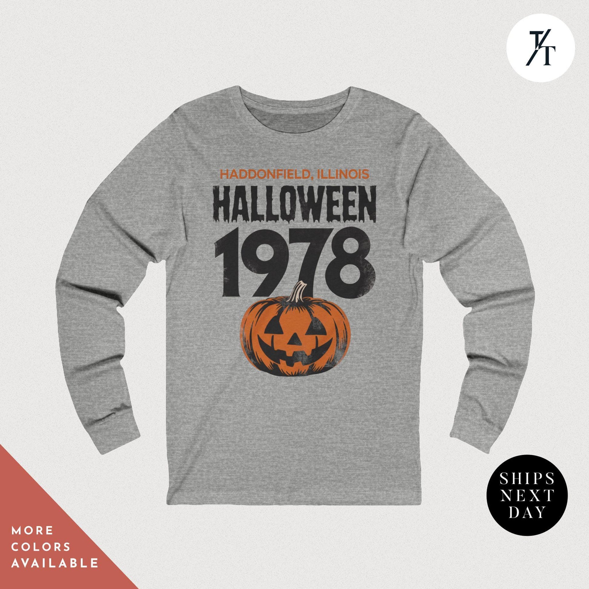 a gray long sleeve shirt with a pumpkin on it, Retro halloween 1978 pumpkin t-shirt long sleeve Michael Myers Shirt 1978 Halloween Movie Party Tee, Vintage John Carpenter Spooky Season