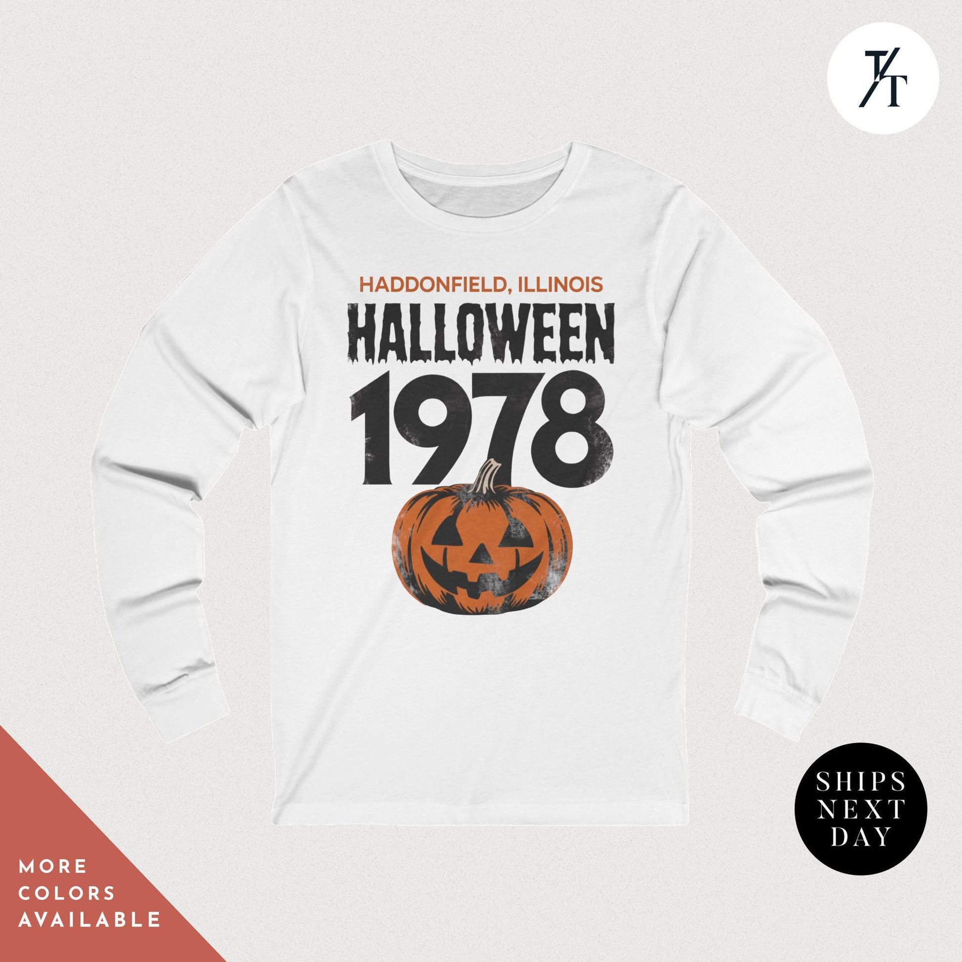 a white halloween shirt with a jack - o&#39;- lantern on it, Retro halloween 1978 pumpkin t-shirt long sleeve Michael Myers Shirt 1978 Halloween Movie Party Tee, Vintage John Carpenter Spooky Season