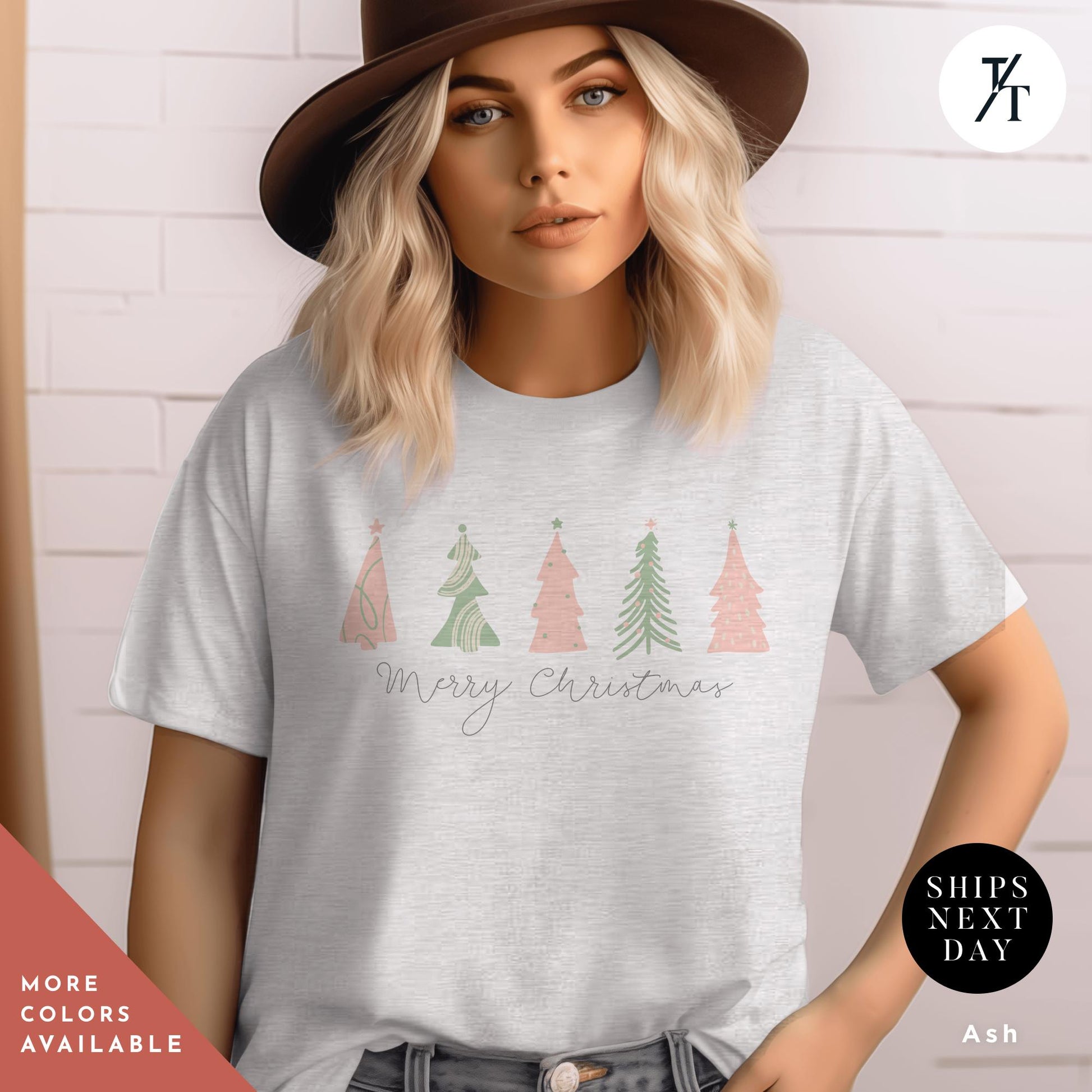 a woman wearing a t - shirt that says merry christmas, a shirt with 4 pink Christmas trees that says &quot;Merry Christmas&quot; North Pole Christmas Tree Farm Shirt, Coquette Pink Christmas Tree Shirt, Xmas Gift, Farm Fresh Xmas Shirt, Women Holiday Tee