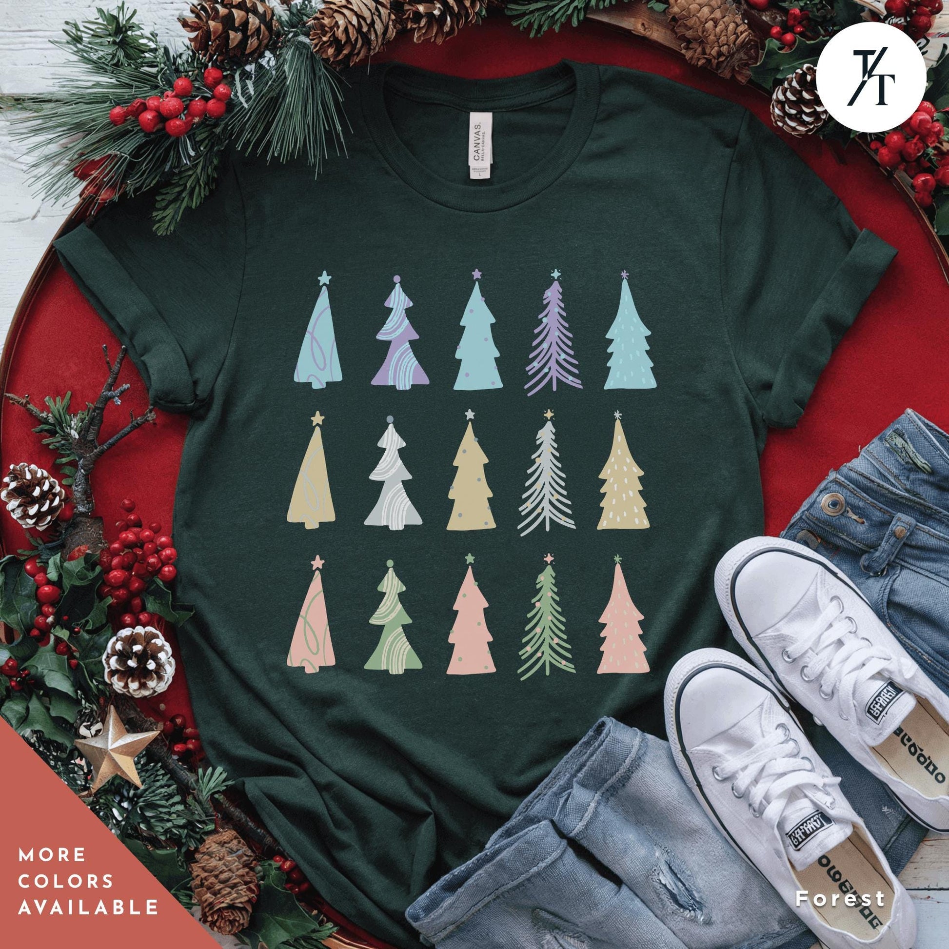a t - shirt with a christmas tree pattern on it, Coquette Christmas Tree Shirt, Pine Tree Watercolor tee, North Pole Christmas Farm Shirt, Xmas Gift, Farm Fresh Xmas, Women Holiday Tee,