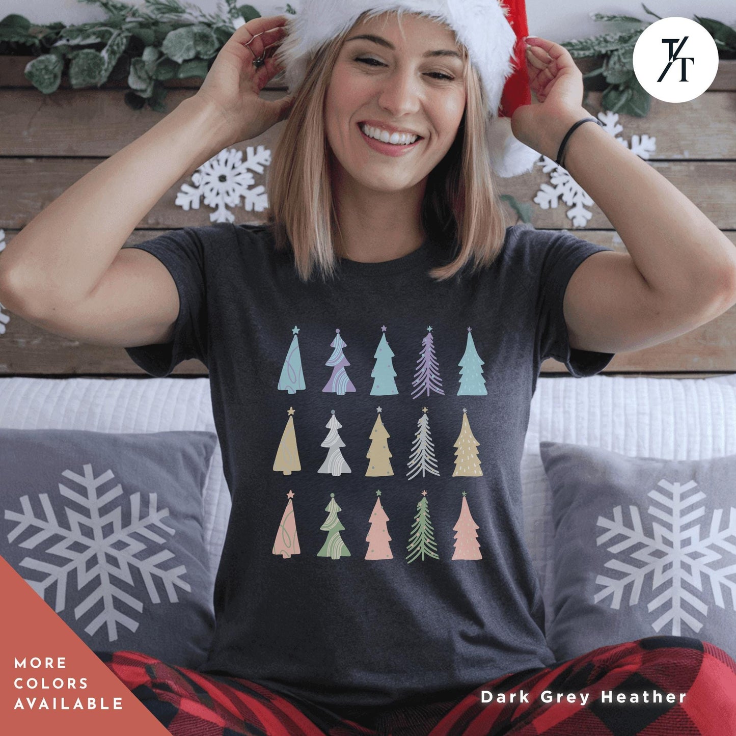 a woman sitting on a bed wearing a christmas hat, Coquette Christmas Tree Shirt, Pine Tree Watercolor tee, North Pole Christmas Farm Shirt, Xmas Gift, Farm Fresh Xmas, Women Holiday Tee,