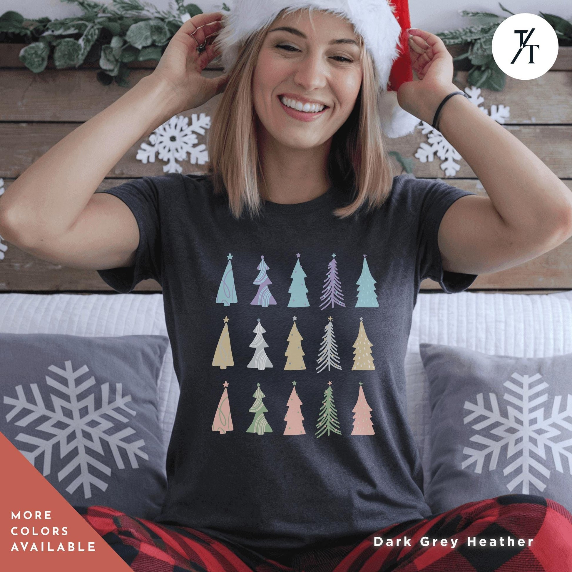 a woman sitting on a bed wearing a christmas hat, Coquette Christmas Tree Shirt, Pine Tree Watercolor tee, North Pole Christmas Farm Shirt, Xmas Gift, Farm Fresh Xmas, Women Holiday Tee,