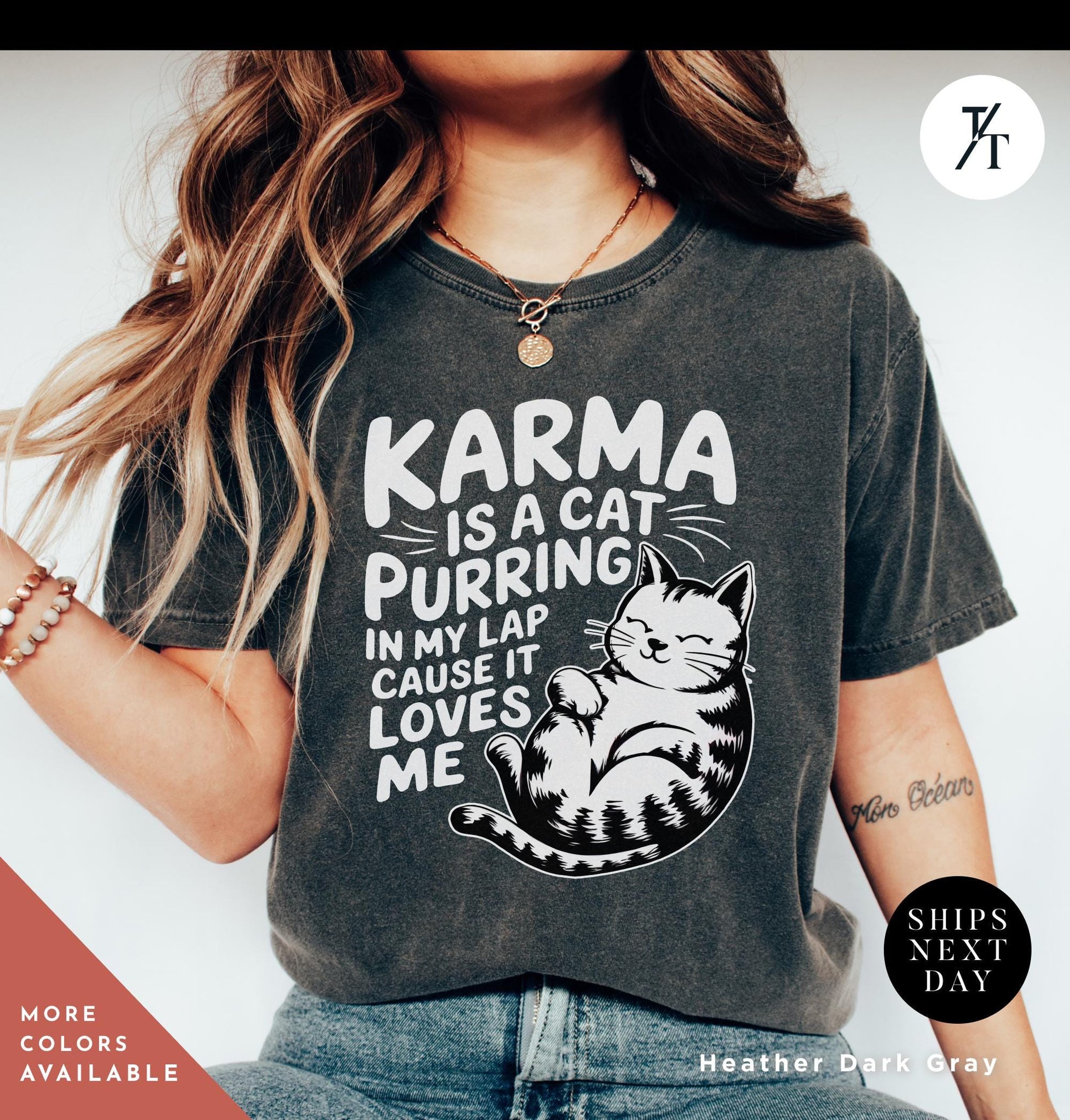 a woman wearing a black shirt with a cat on it, Karma is a Cat Purring in my Lap Cause it Loves Me Shirt Taylor Swiftie Merch, Karma Is A Cat Shirt, Cats Lover Shirts, Eras Concert Shirts