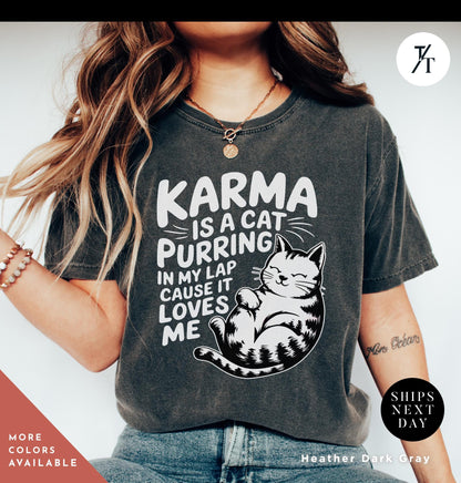a woman wearing a black shirt with a cat on it, Karma is a Cat Purring in my Lap Cause it Loves Me Shirt Taylor Swiftie Merch, Karma Is A Cat Shirt, Cats Lover Shirts, Eras Concert Shirts