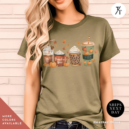 a woman wearing a t - shirt with coffee and pumpkins on it, Cute Fall Pumpkin Coffee Drink Thanksgiving Shirt, Halloween tShirt, Coffee Lover Womens Fall tShirt, Pumpkin Spice tee