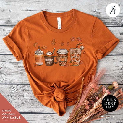 a t - shirt with a picture of two cups of coffee on it, Cute Fall Pumpkin Coffee Drink Thanksgiving Shirt, Halloween tShirt, Coffee Lover Womens Fall tShirt, Pumpkin Spice tee