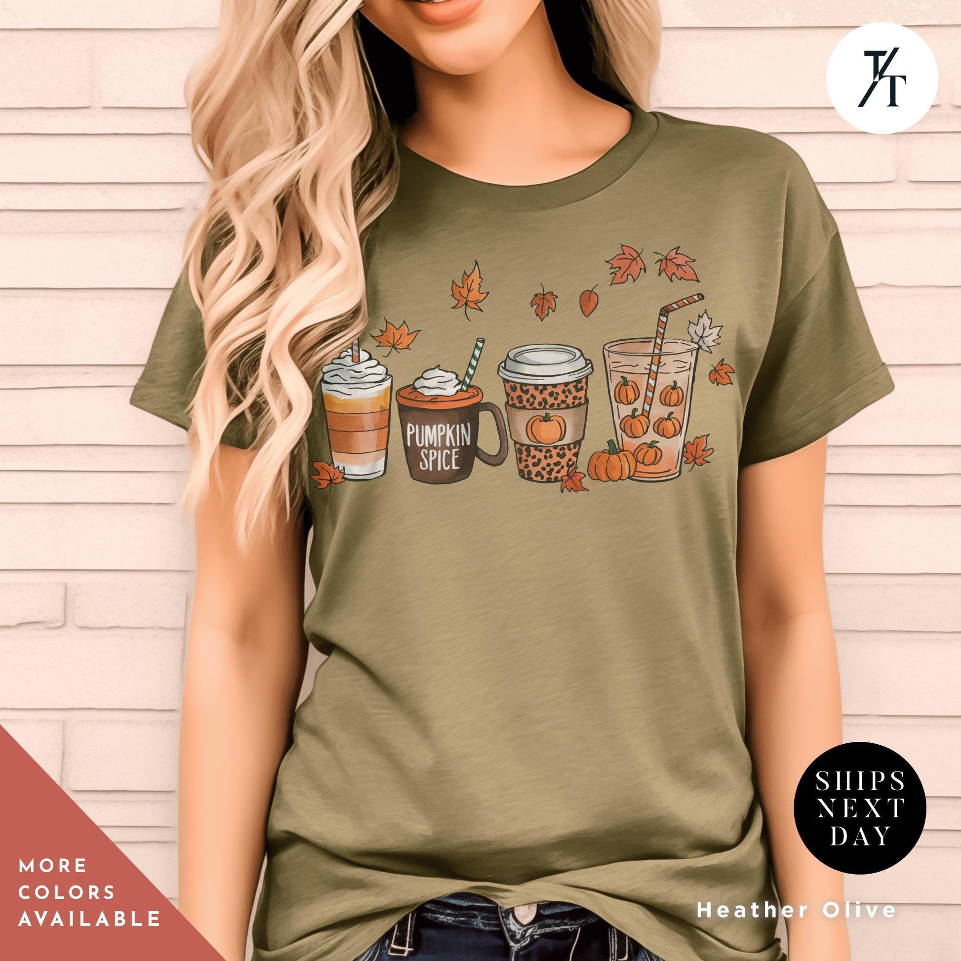 a woman wearing a t - shirt that says autumn is coming, Cute Fall Pumpkin Coffee Drink Thanksgiving Shirt, Halloween tShirt, Coffee Lover Womens Fall tShirt, Pumpkin Spice tee