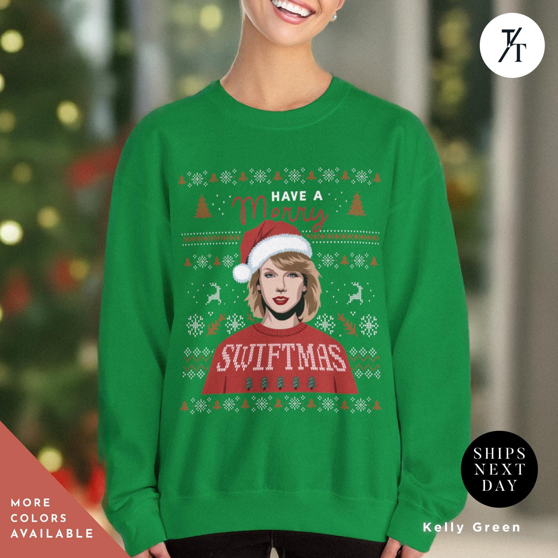 a woman wearing a green christmas sweater with a picture of a woman wearing a santa hat, ugly christmas sweatshirt, merry swiftmas sweatshirt, merry christmas sweatshirt, eras sweatshirt, ugly christmas sweater, swiftmas shirt