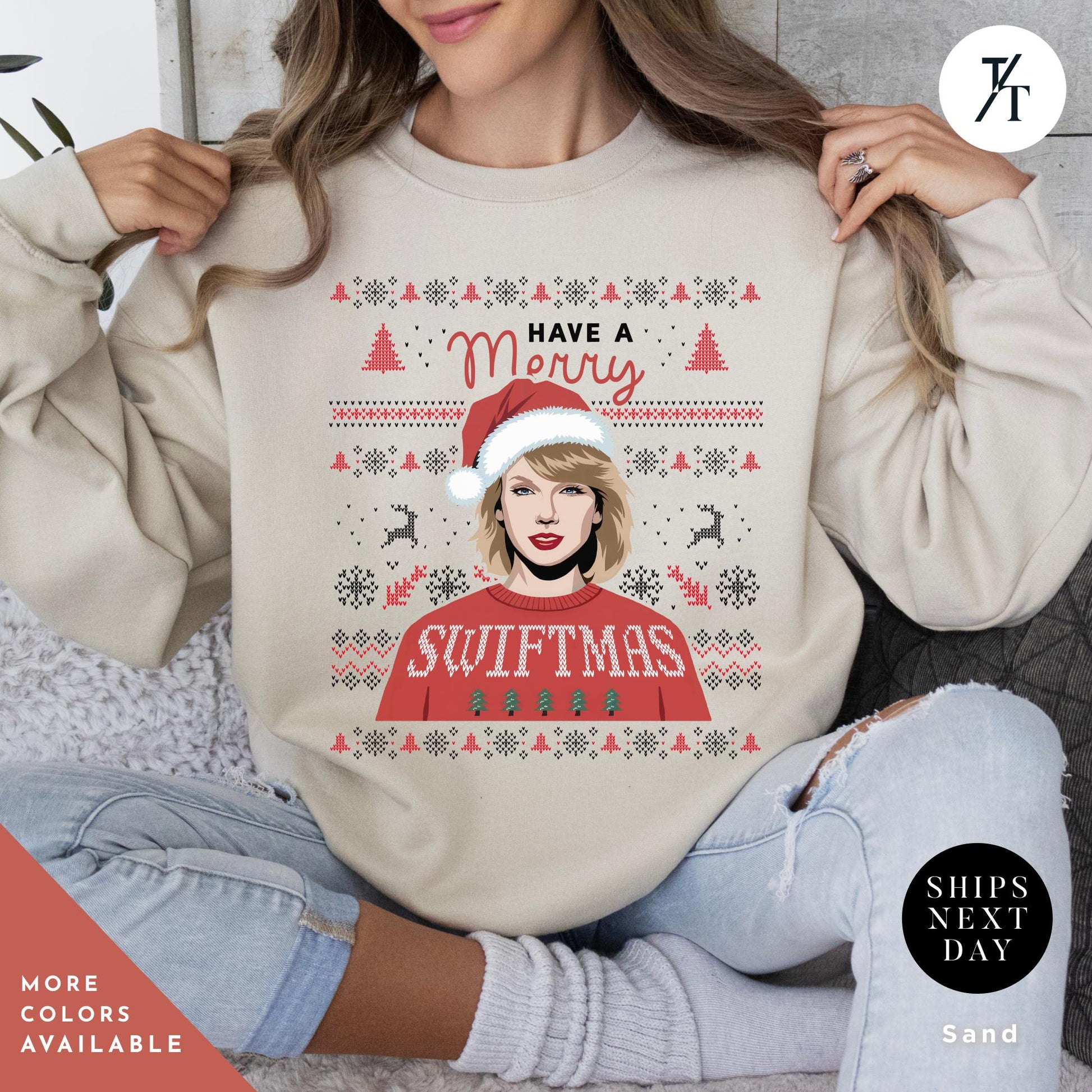 a woman wearing a sweater that says have a merry sweater, ugly christmas sweatshirt, merry swiftmas sweatshirt, merry christmas sweatshirt, eras sweatshirt, ugly christmas sweater, swiftmas shirt