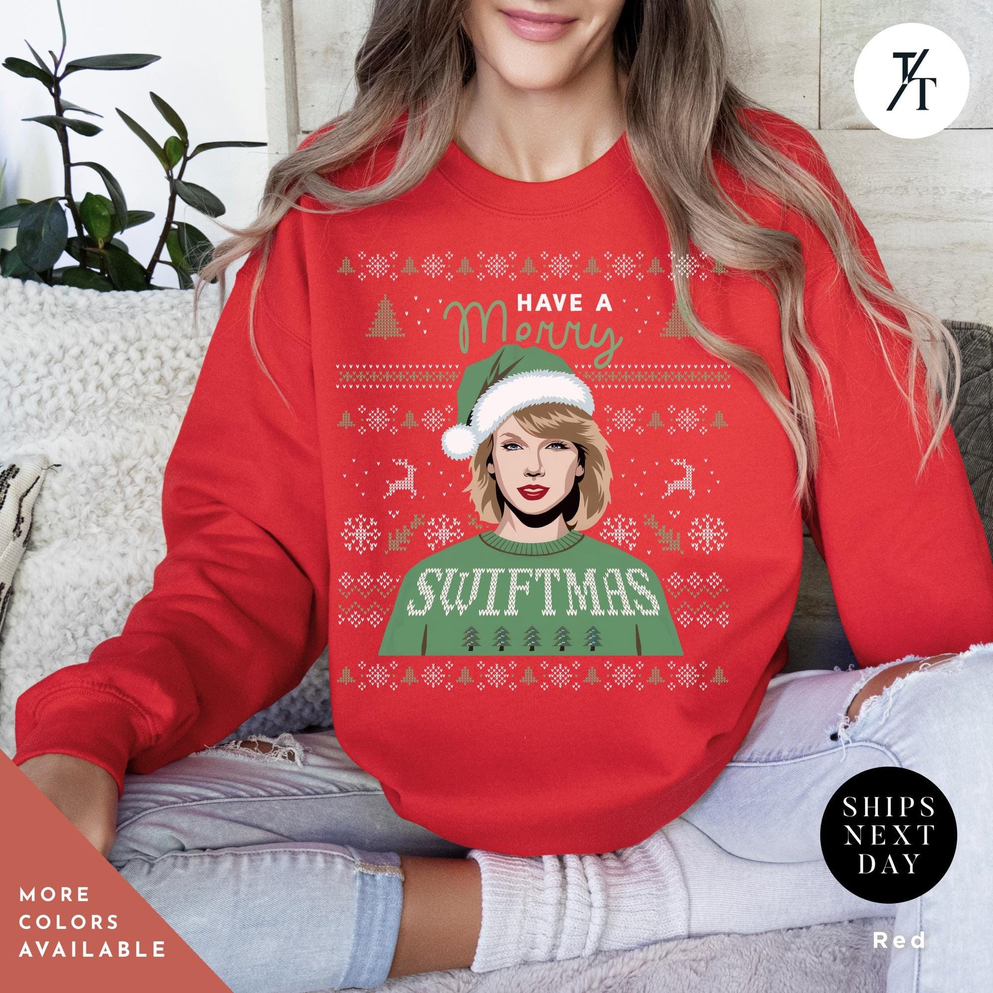a woman wearing a red sweater with a picture of a woman wearing a santa hat, ugly christmas sweatshirt, merry swiftmas sweatshirt, merry christmas sweatshirt, eras sweatshirt, ugly christmas sweater, swiftmas shirt