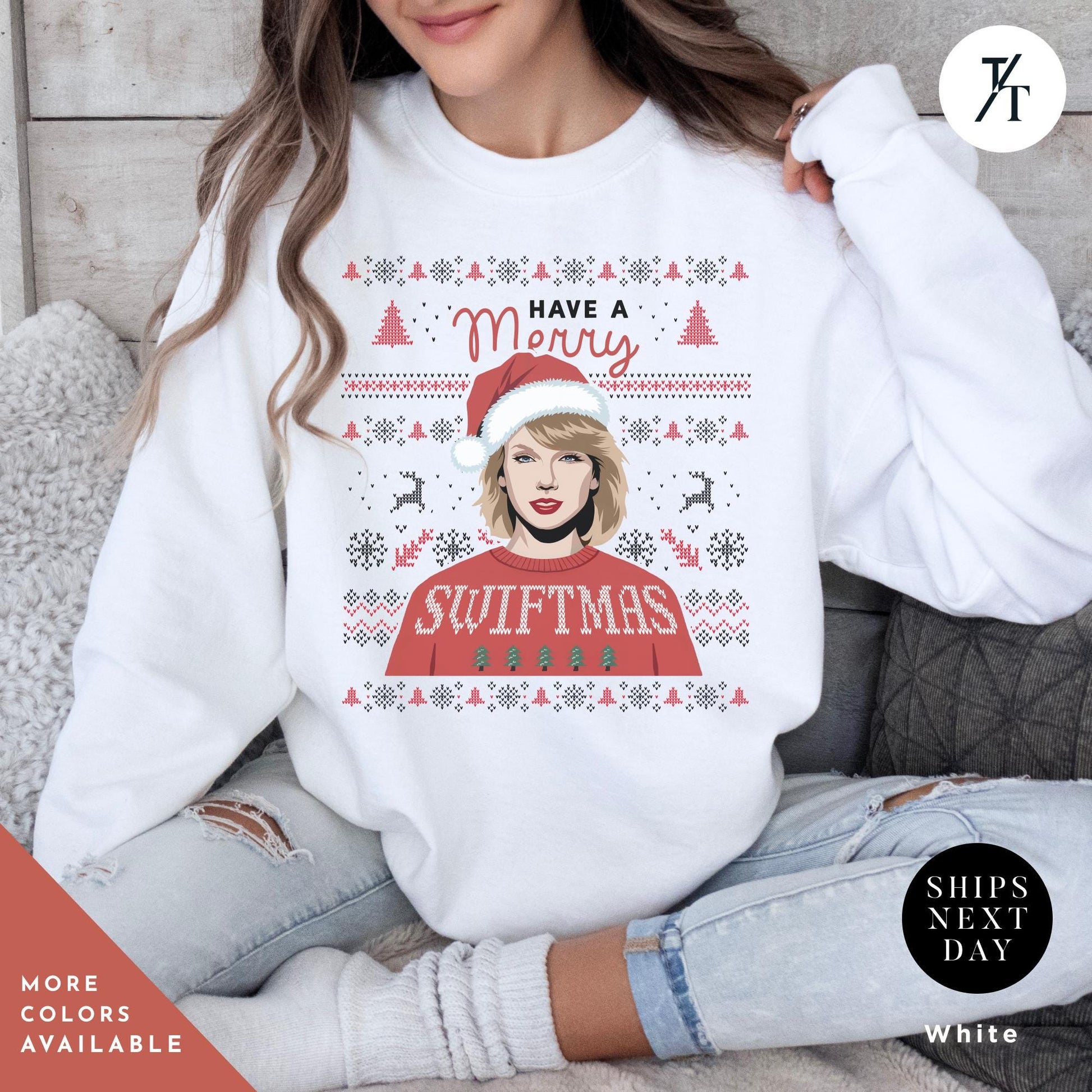 a woman wearing a christmas sweater with a picture of a woman wearing a santa hat, ugly christmas sweatshirt, merry swiftmas sweatshirt, merry christmas sweatshirt, eras sweatshirt, ugly christmas sweater, swiftmas shirt