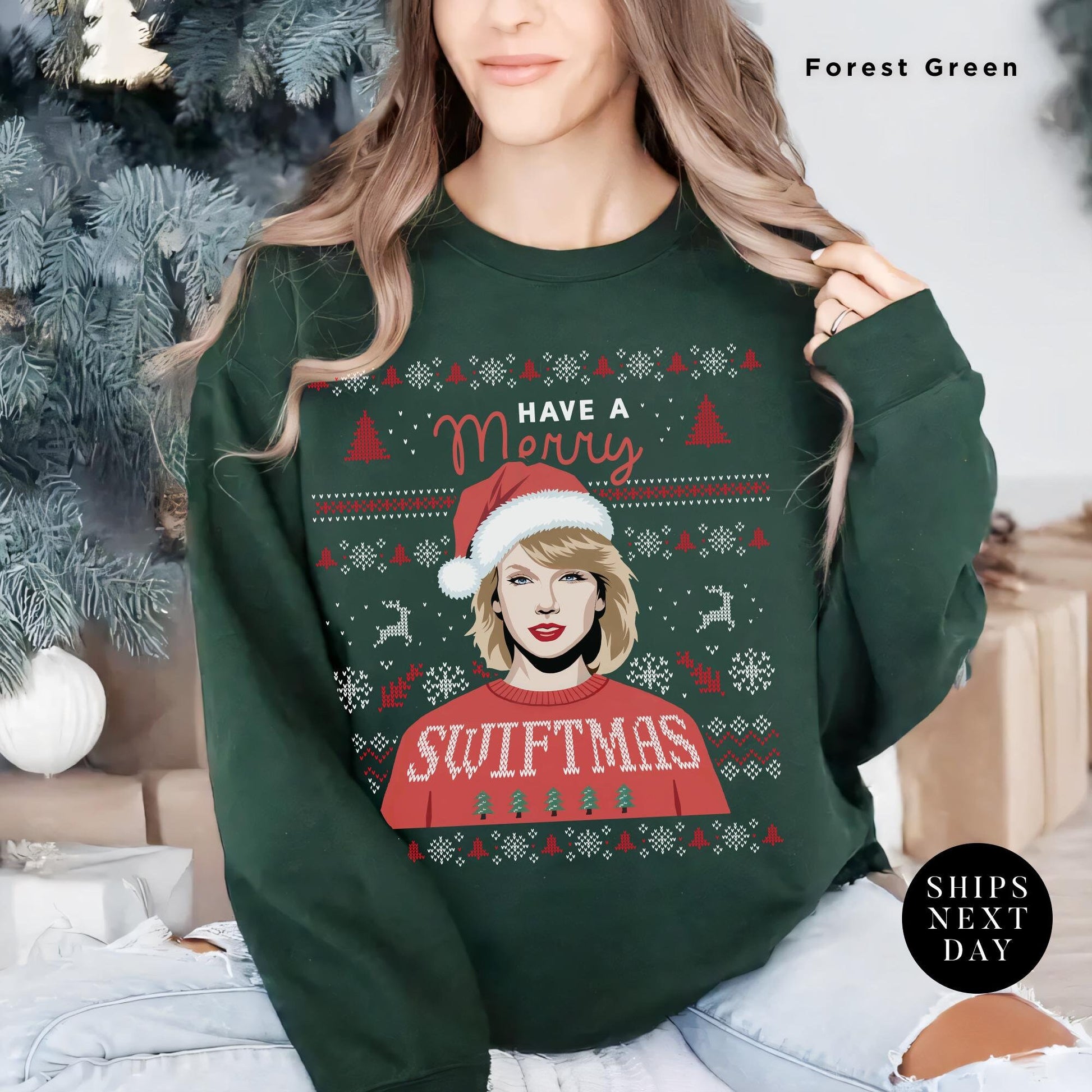 a woman wearing a green christmas sweater with a picture of a woman wearing a santa, ugly christmas sweatshirt, merry swiftmas sweatshirt, merry christmas sweatshirt, eras sweatshirt, ugly christmas sweater, swiftmas shirt