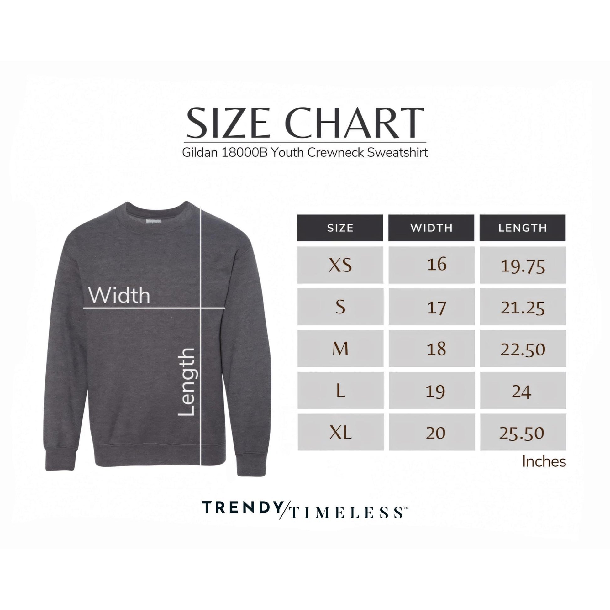 the size chart for a sweatshirt