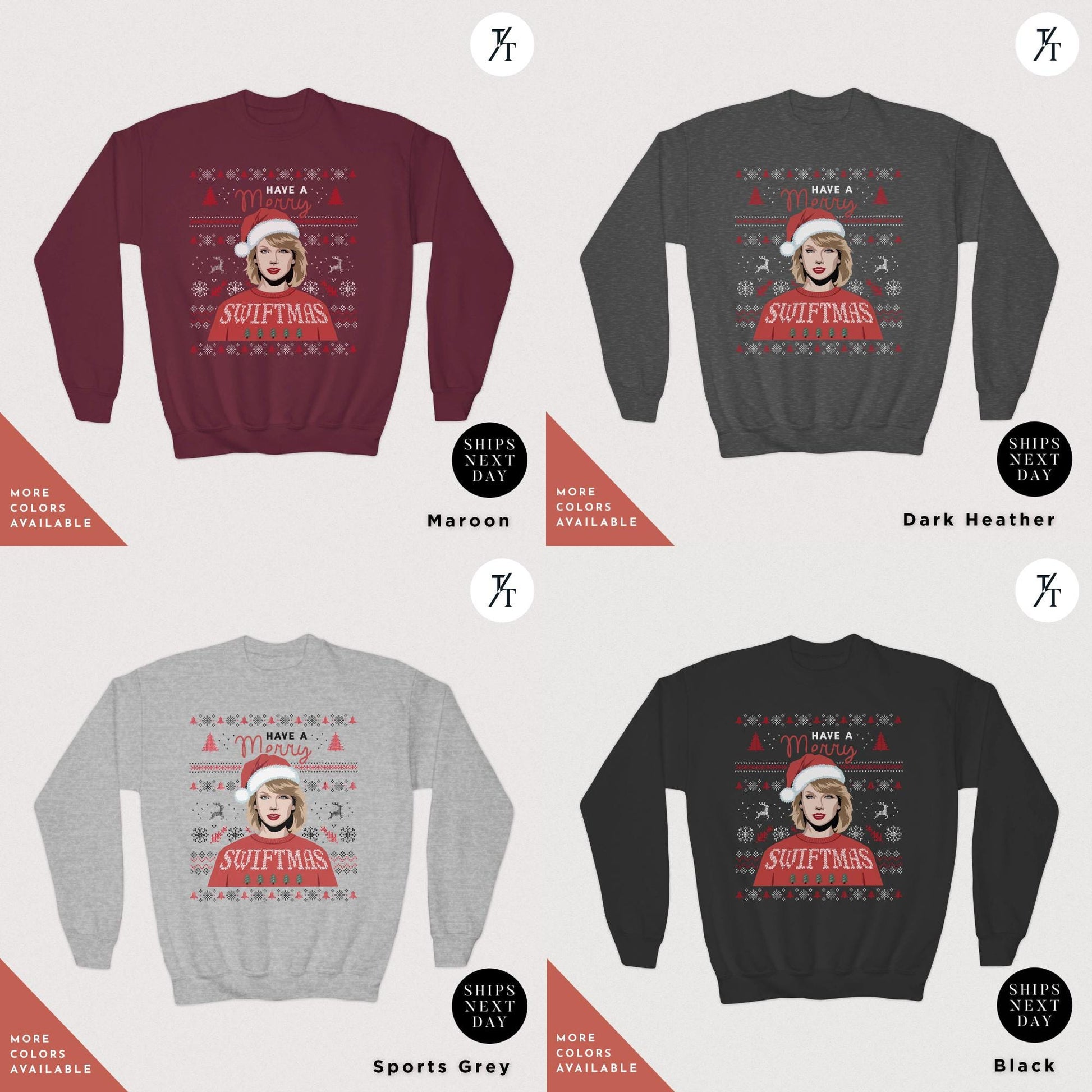 a group of sweaters with a woman&#39;s face on them, Kids Merry Swiftmas Ugly Christmas Sweatshirt Swiftmas Sweatshirt Youth Kids Christmas Taylor Swiftie Merch Gift for Swifties, Swiftie Xmas