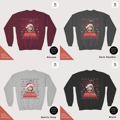 a group of sweaters with a woman&#39;s face on them, Kids Merry Swiftmas Ugly Christmas Sweatshirt Swiftmas Sweatshirt Youth Kids Christmas Taylor Swiftie Merch Gift for Swifties, Swiftie Xmas