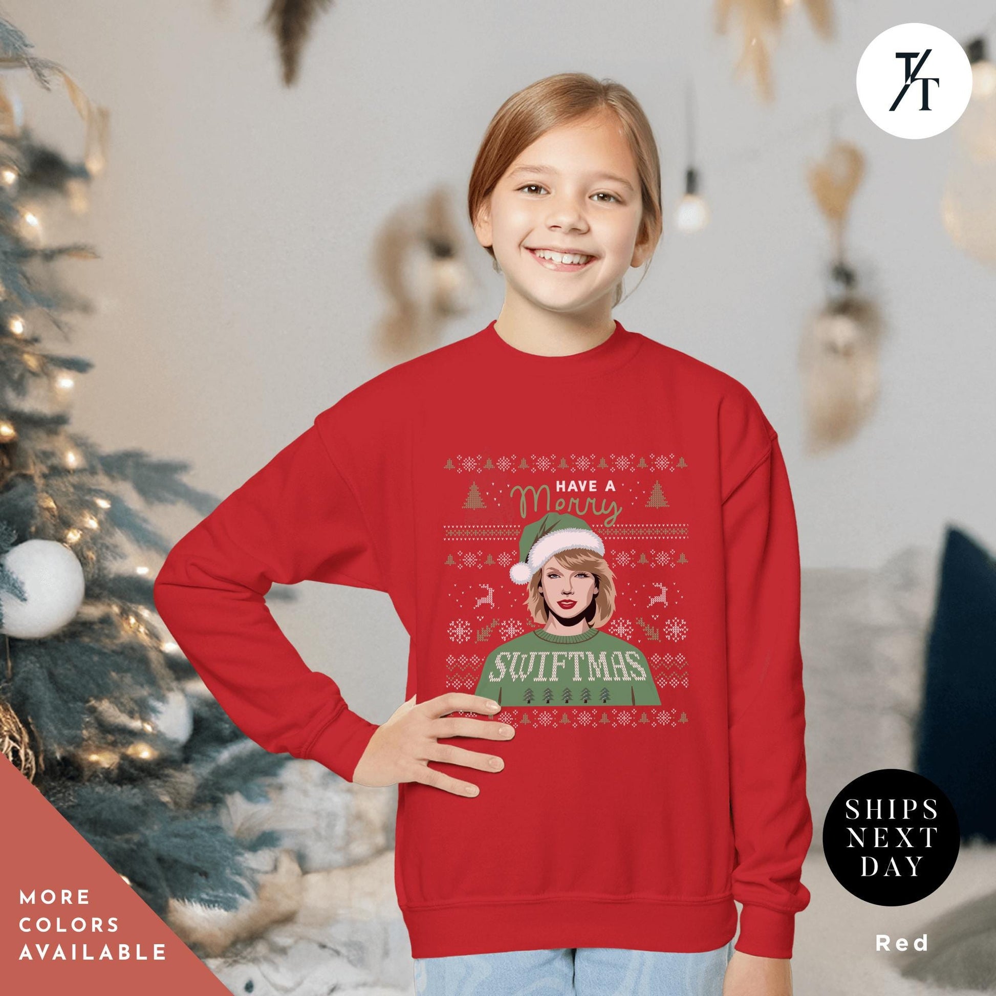 a young girl wearing a red sweater with a ugly Kids Merry Swiftmas Ugly Christmas Sweatshirt Swiftmas Sweatshirt Youth Kids Christmas Taylor Swiftie Merch Gift for Swifties, Swiftie Xmas