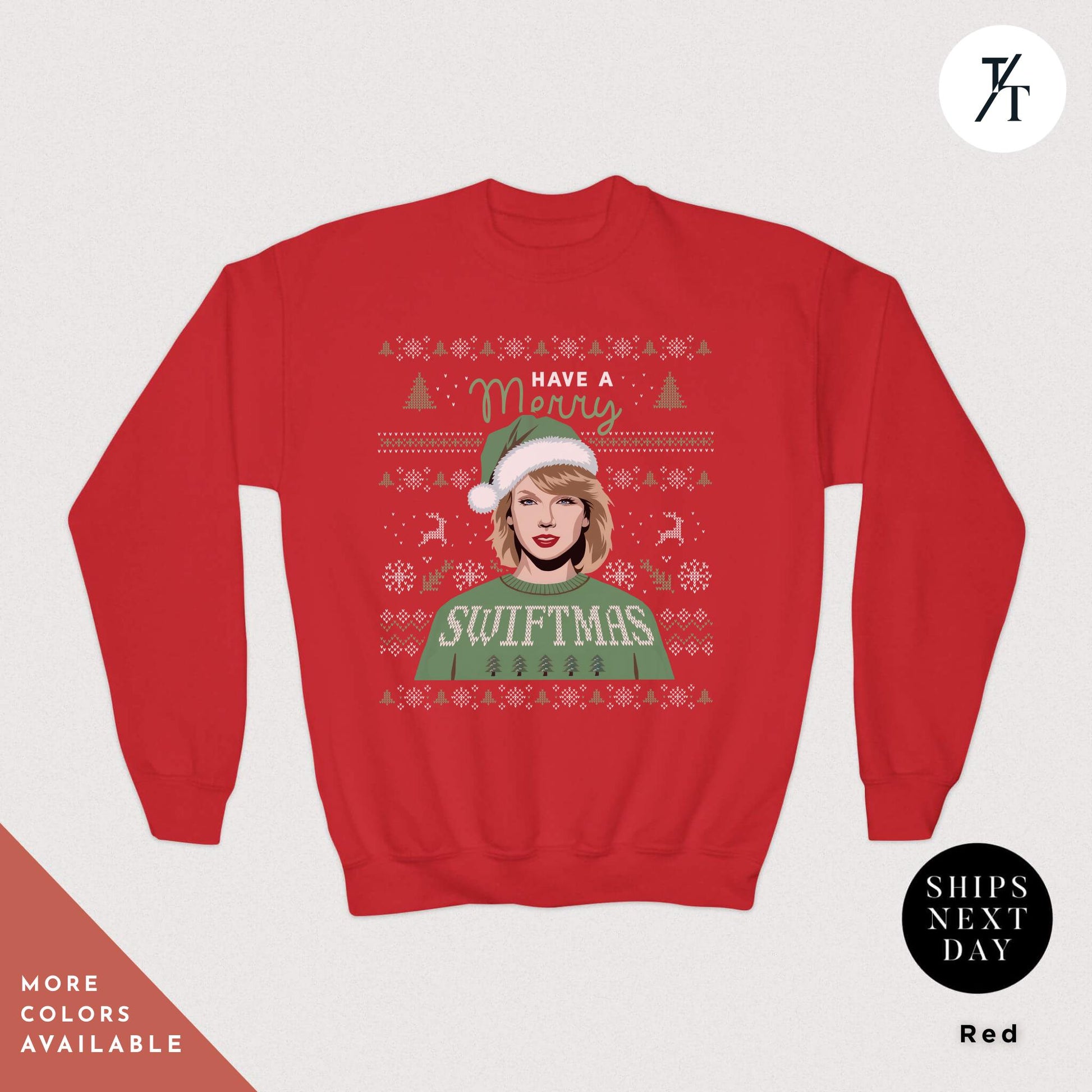 a red sweater with a picture of a woman wearing a santa hat, Kids Merry Swiftmas Ugly Christmas Sweatshirt Swiftmas Sweatshirt Youth Kids Christmas Taylor Swiftie Merch Gift for Swifties, Swiftie Xmas