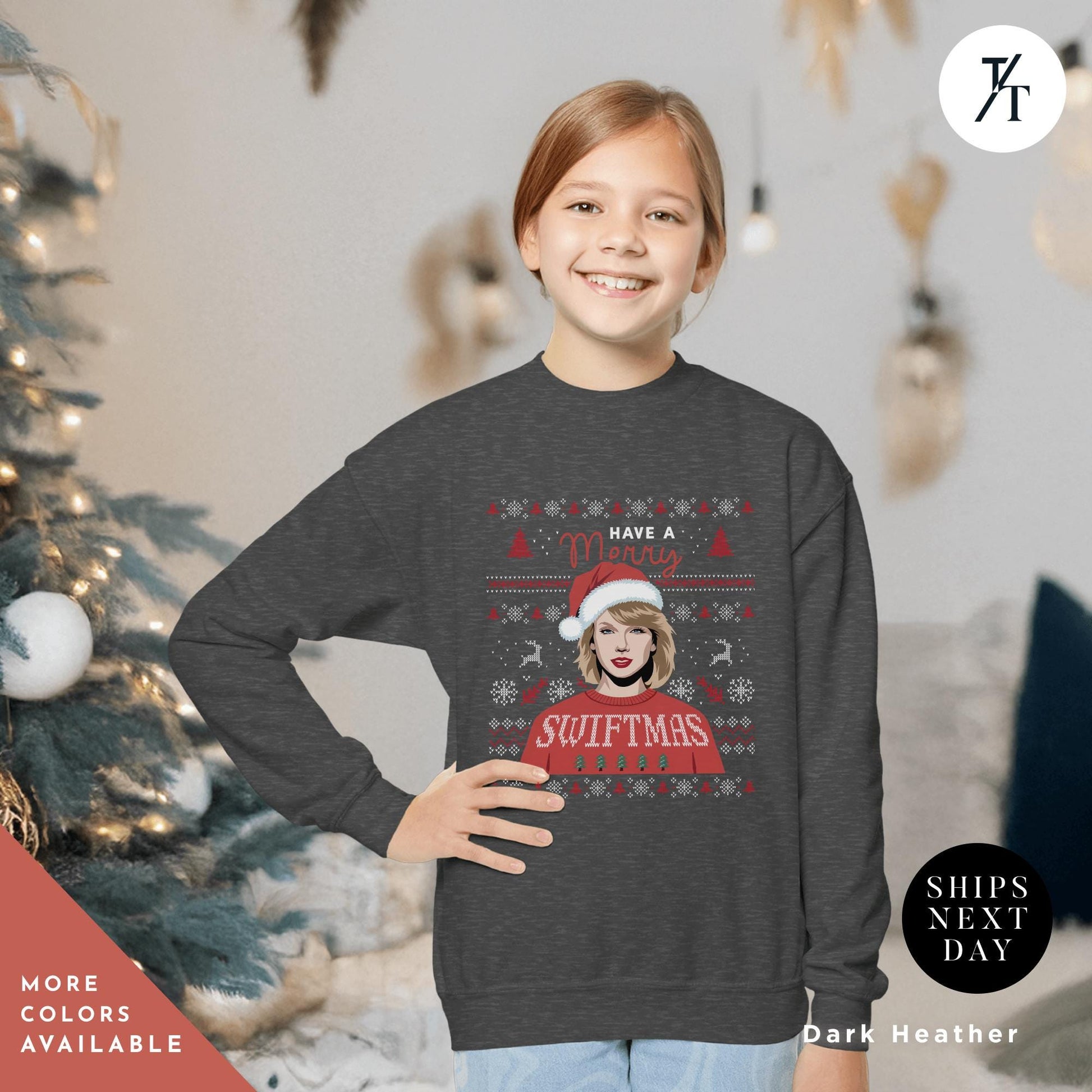 a young girl wearing a christmas sweater with a picture of a woman wearing a santa, Kids Merry Swiftmas Ugly Christmas Sweatshirt Swiftmas Sweatshirt Youth Kids Christmas Taylor Swiftie Merch Gift for Swifties, Swiftie Xmas