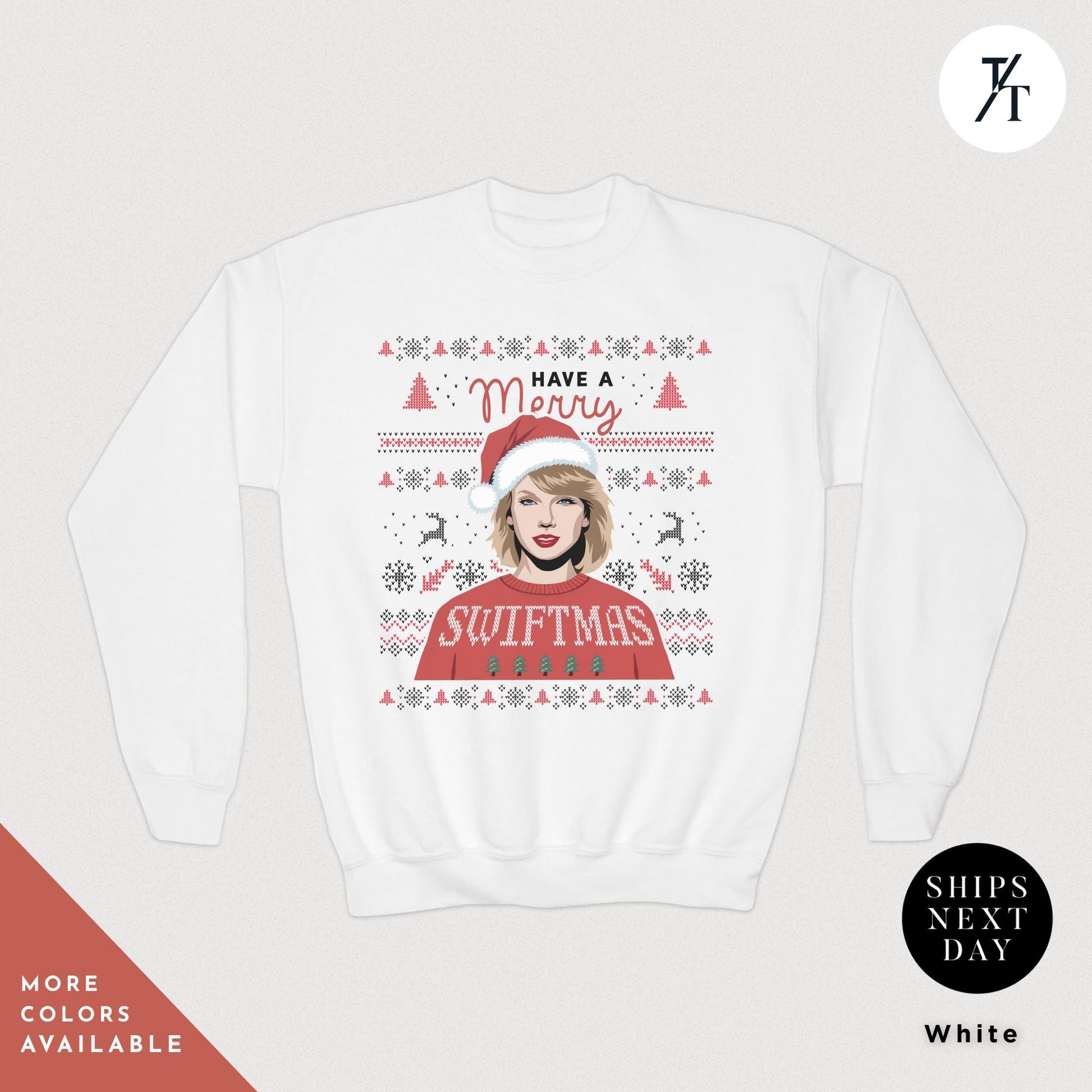 a white sweater with a picture of a woman wearing a santa hat, Kids Merry Swiftmas Ugly Christmas Sweatshirt Swiftmas Sweatshirt Youth Kids Christmas Taylor Swiftie Merch Gift for Swifties, Swiftie Xmas