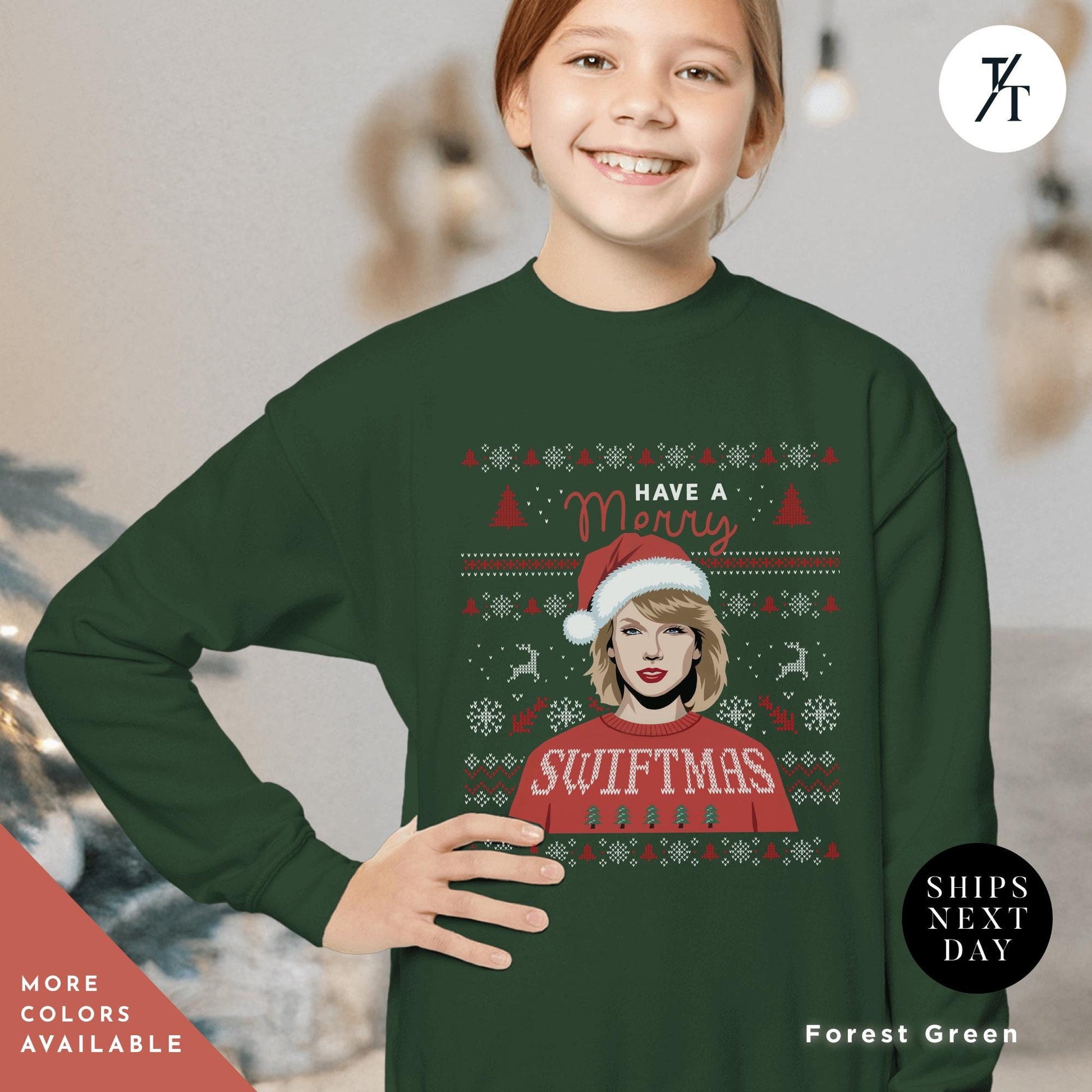 a young girl wearing a green christmas sweater, Kids Merry Swiftmas Ugly Christmas Sweatshirt Swiftmas Sweatshirt Youth Kids Christmas Taylor Swiftie Merch Gift for Swifties, Swiftie Xmas