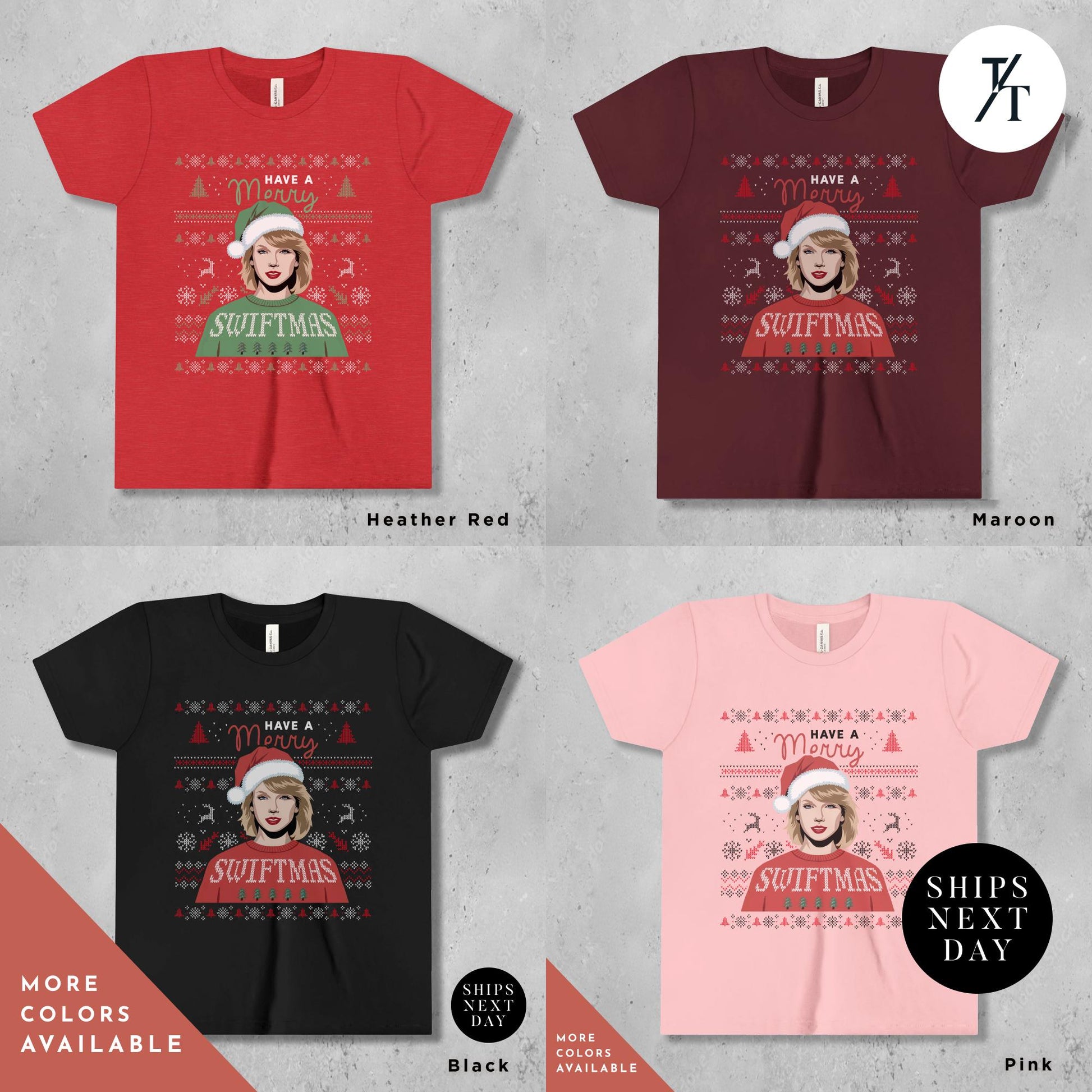 a group of t - shirts with a picture of a woman wearing a santa hat, Have a Merry Swiftmas Shirt taylor swiftie merch kids outfit, ugly Christmas Shirt kids, Taylor swiftie Christmas Shirt, Gift For Swifties