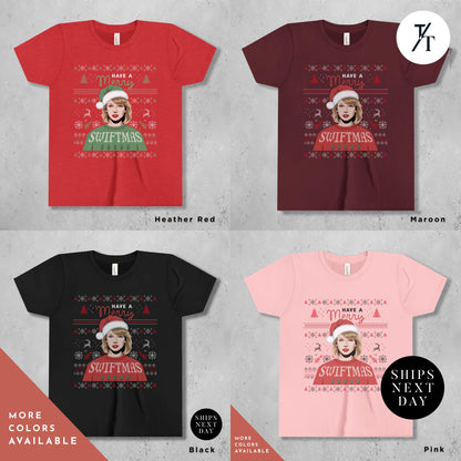 a group of t - shirts with a picture of a woman wearing a santa hat, Have a Merry Swiftmas Shirt taylor swiftie merch kids outfit, ugly Christmas Shirt kids, Taylor swiftie Christmas Shirt, Gift For Swifties