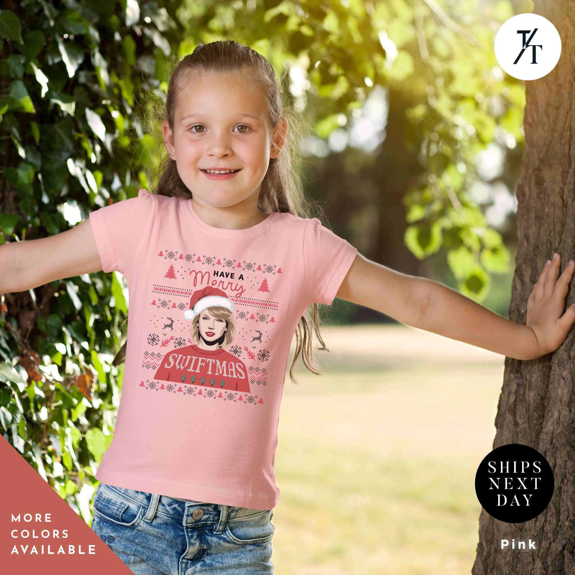 a little girl standing next to a tree, , Have a Merry Swiftmas Shirt taylor swiftie merch kids outfit, ugly Christmas Shirt kids, Taylor swiftie Christmas Shirt, Gift For Swifties