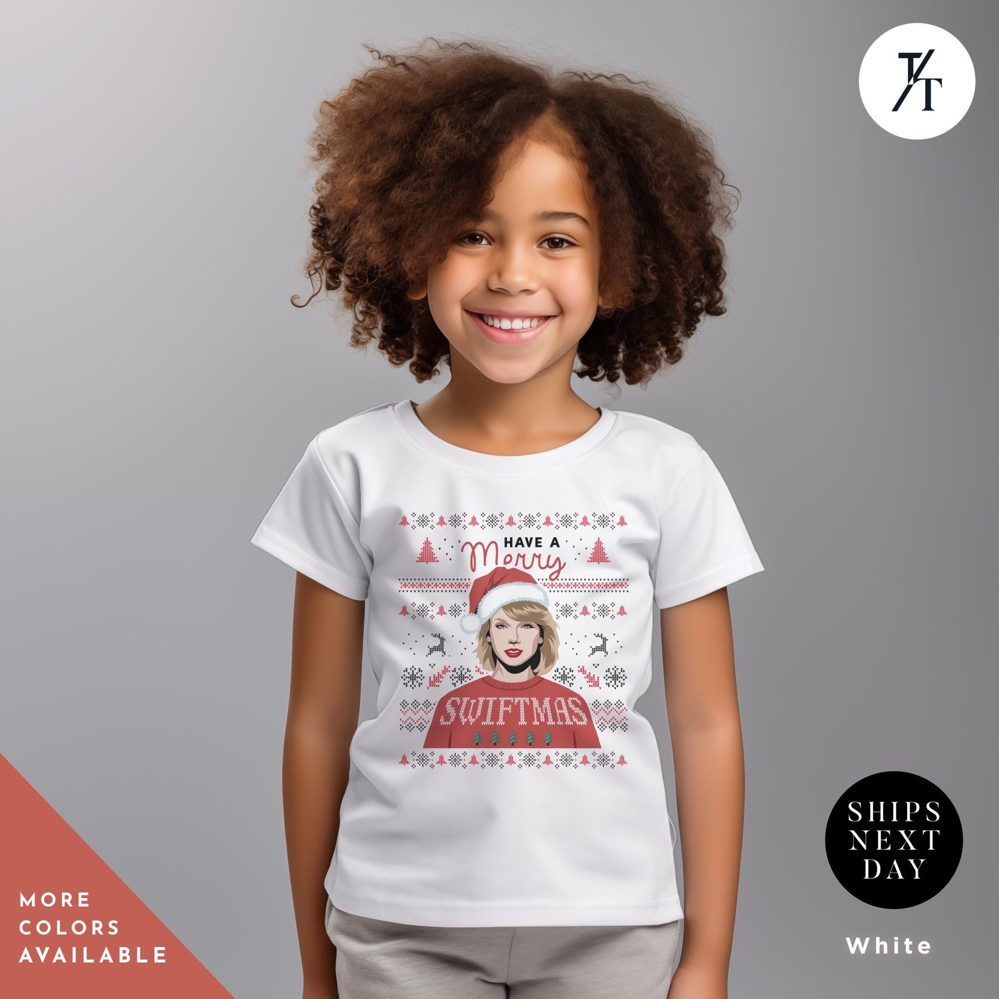 a young girl wearing a white t - shirt with a picture of a woman wearing