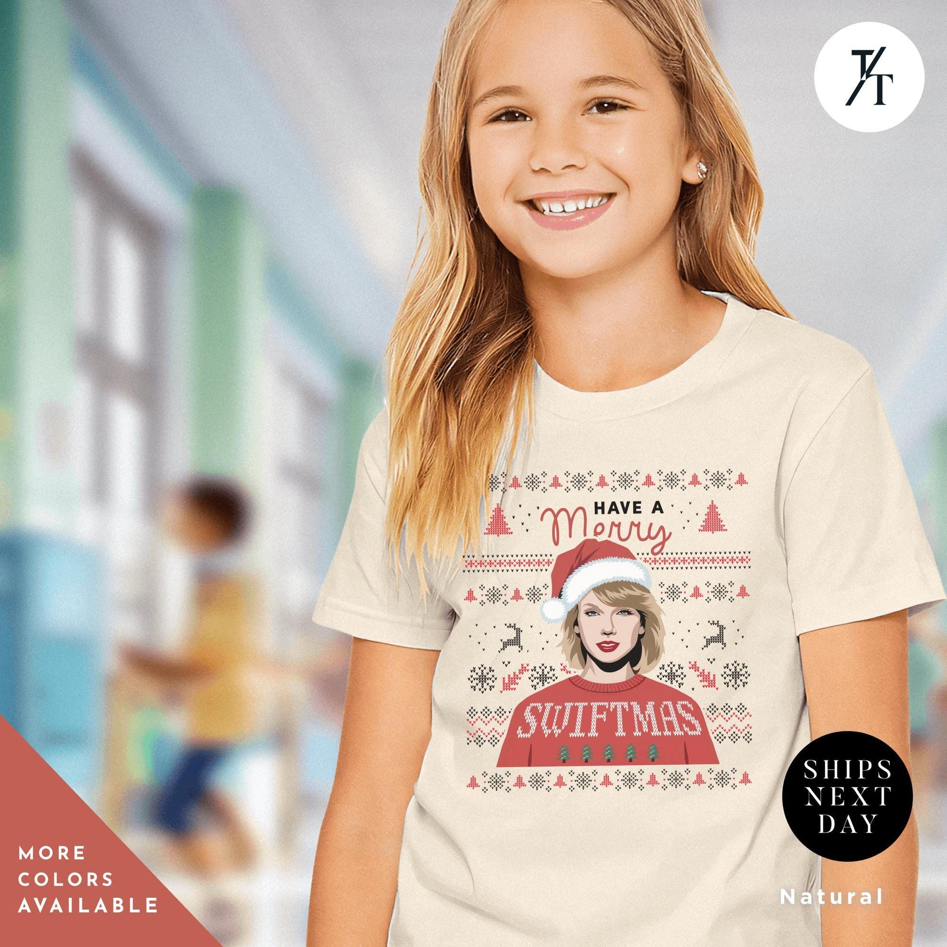 a young girl wearing a t - shirt with a picture of a woman wearing a red santa hat, , Have a Merry Swiftmas Shirt taylor swiftie merch kids outfit, ugly Christmas Shirt kids, Taylor swiftie Christmas Shirt, Gift For Swifties