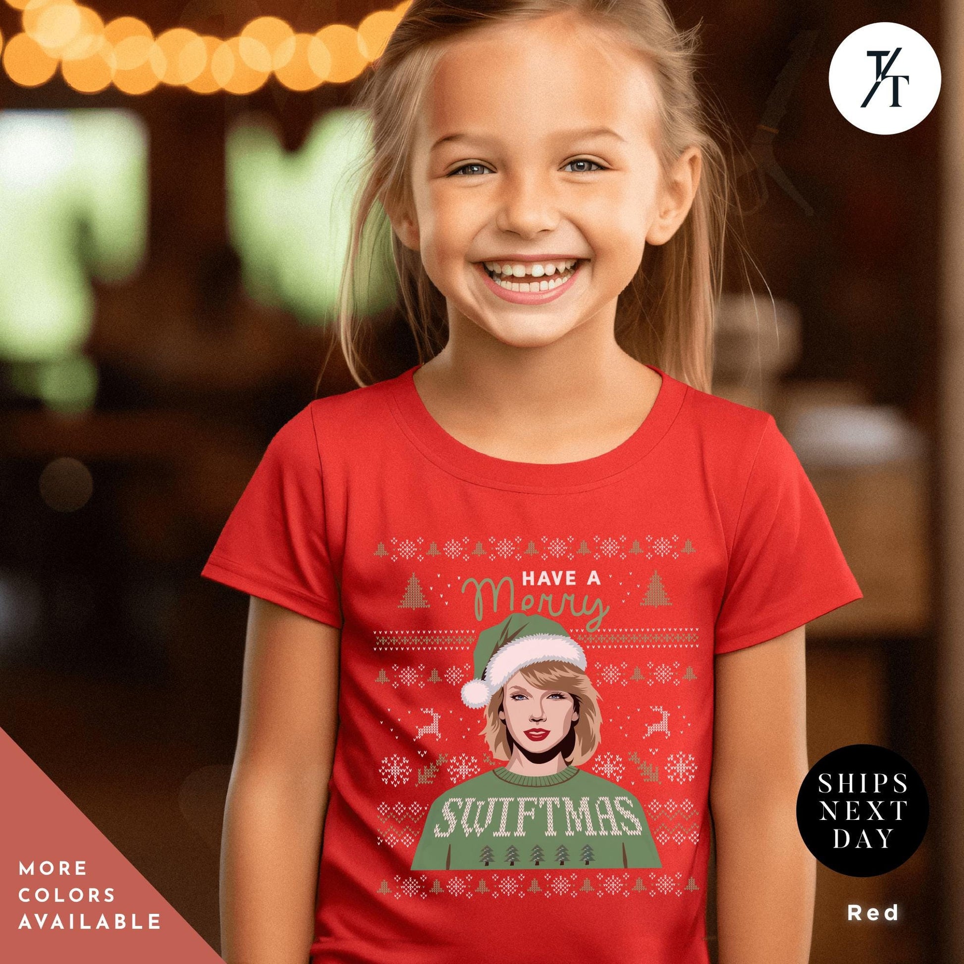 a young girl wearing a red christmas shirt, , Have a Merry Swiftmas Shirt taylor swiftie merch kids outfit, ugly Christmas Shirt kids, Taylor swiftie Christmas Shirt, Gift For Swifties