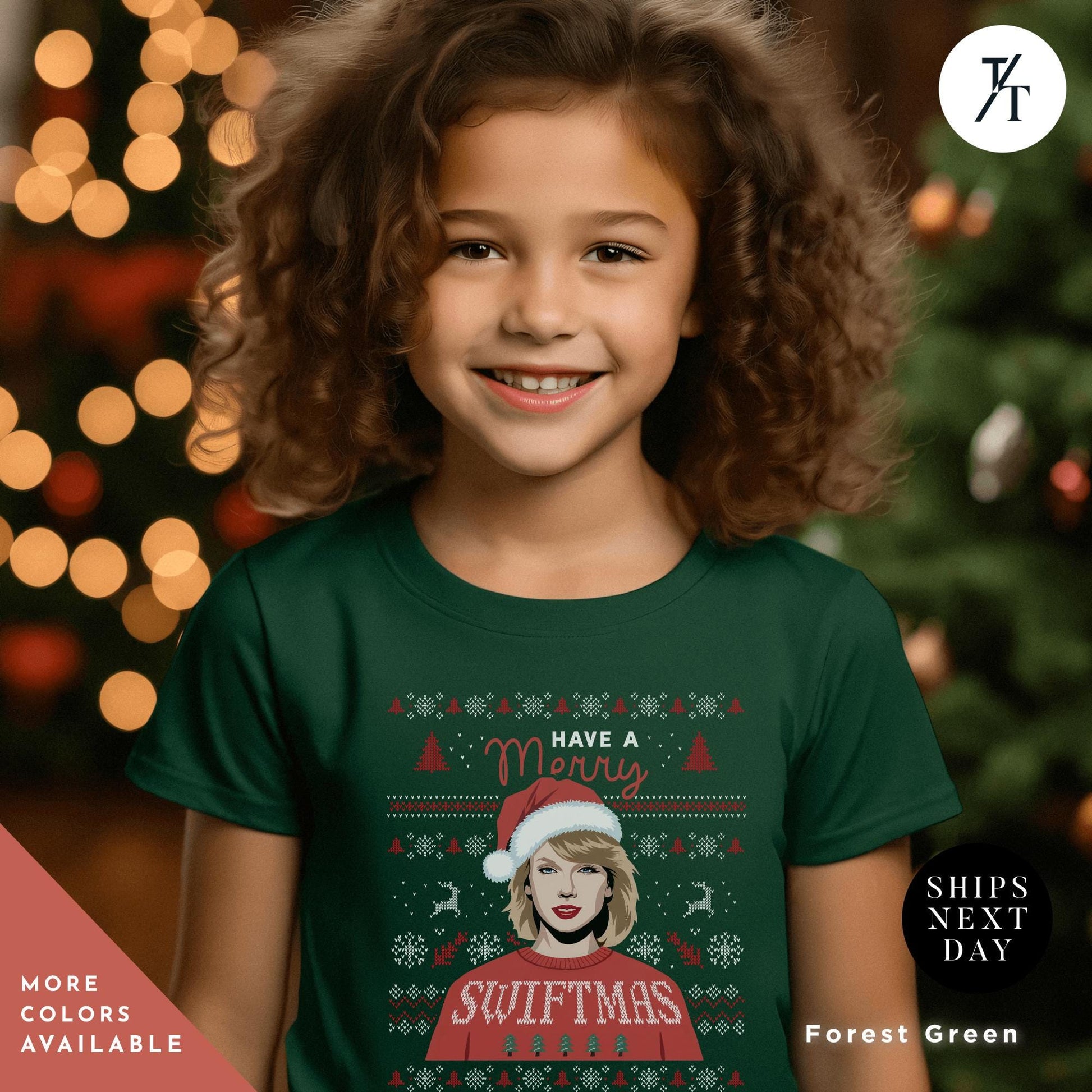 a young girl wearing a green christmas t - shirt, , Have a Merry Swiftmas Shirt taylor swiftie merch kids outfit, ugly Christmas Shirt kids, Taylor swiftie Christmas Shirt, Gift For Swifties