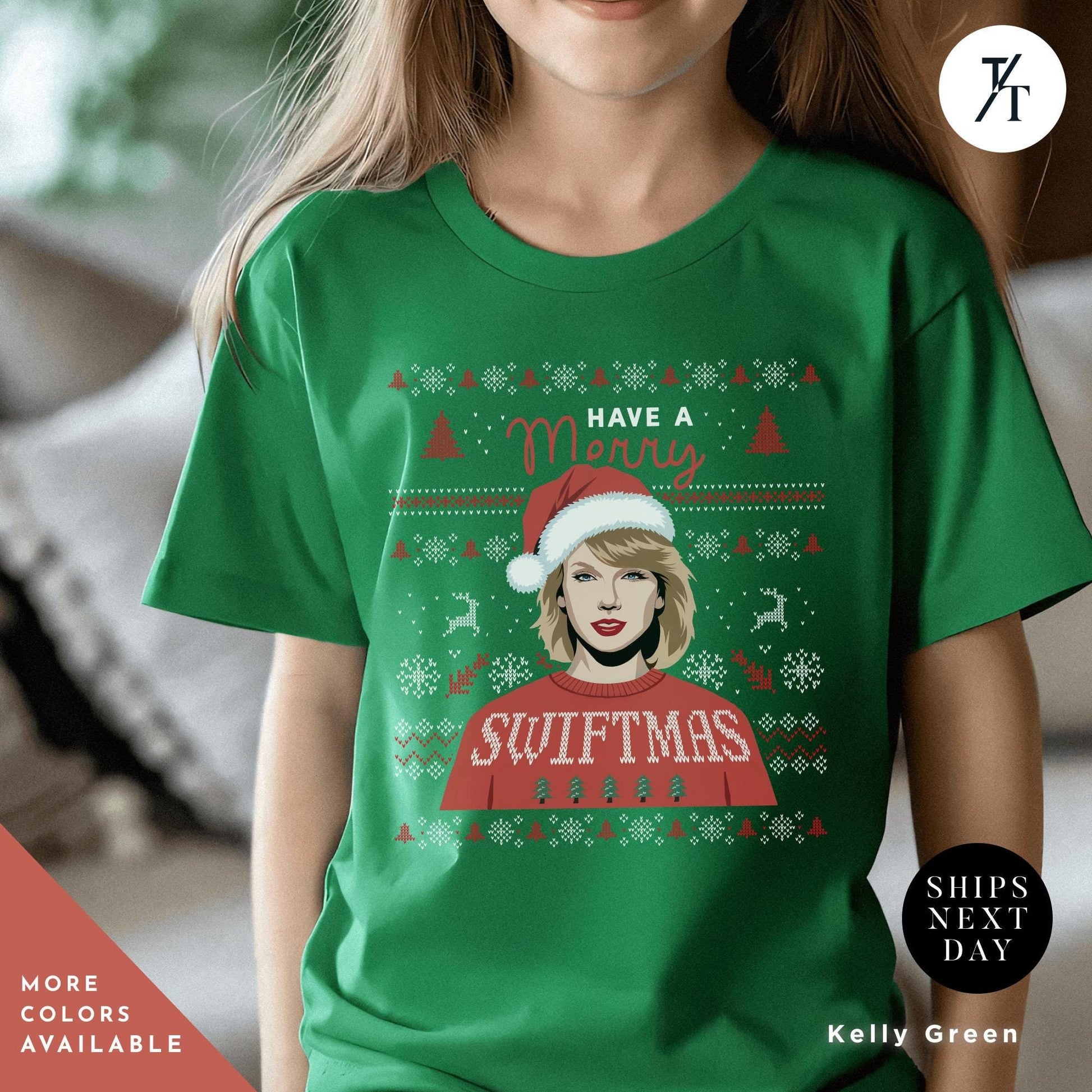 a girl wearing a green t - shirt with a picture of a woman wearing a santa hat, Have a Merry Swiftmas Shirt taylor swiftie merch kids outfit, ugly Christmas Shirt kids, Taylor swiftie Christmas Shirt, Gift For Swifties