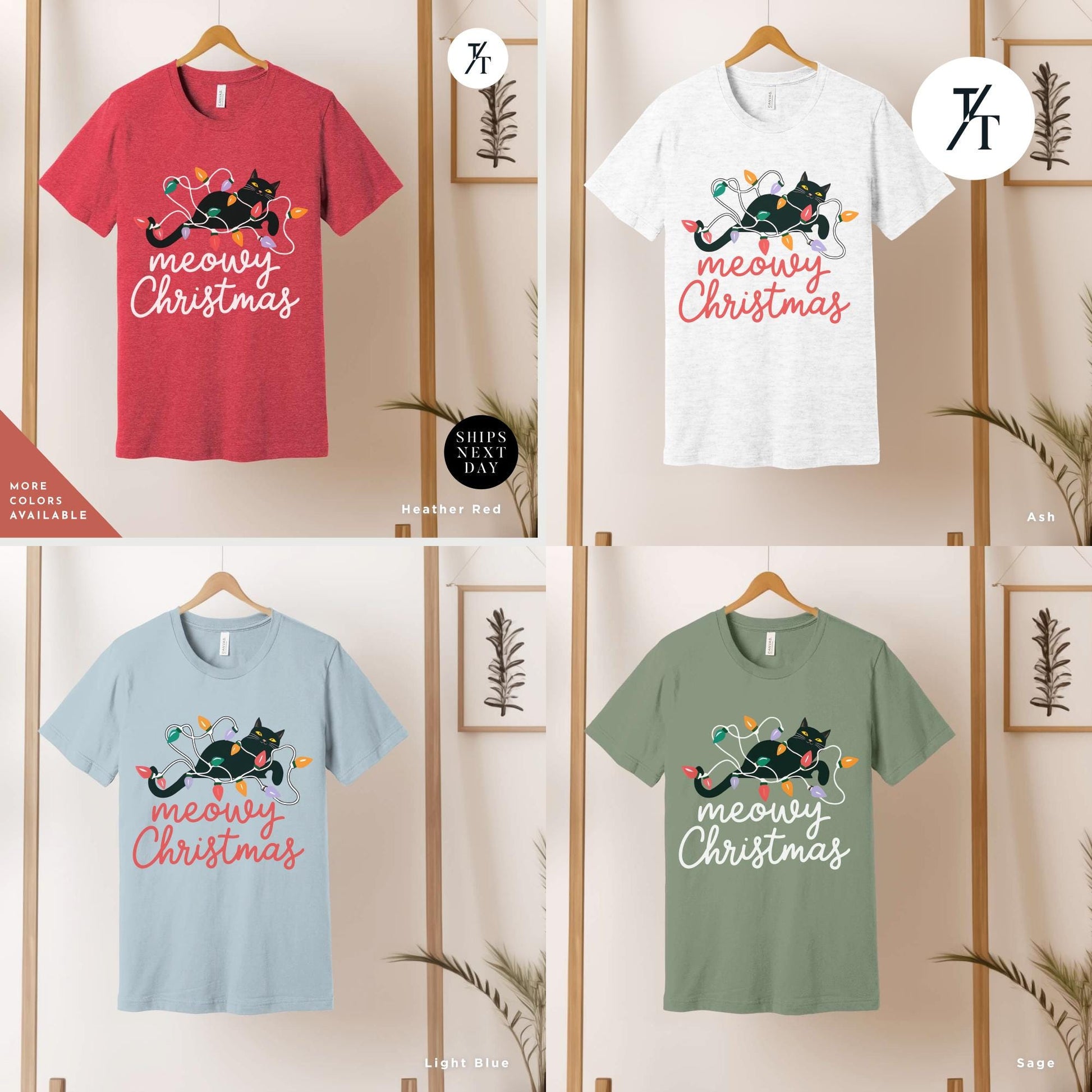 a group of t - shirts that say merry christmas, Meowy Christmas black cat christmas lights Shirt, Xmas Black Cats Shirt, Gift For Cat Lover Shirts, Gift For CatMom, Holiday Meowy Xmas Tee
