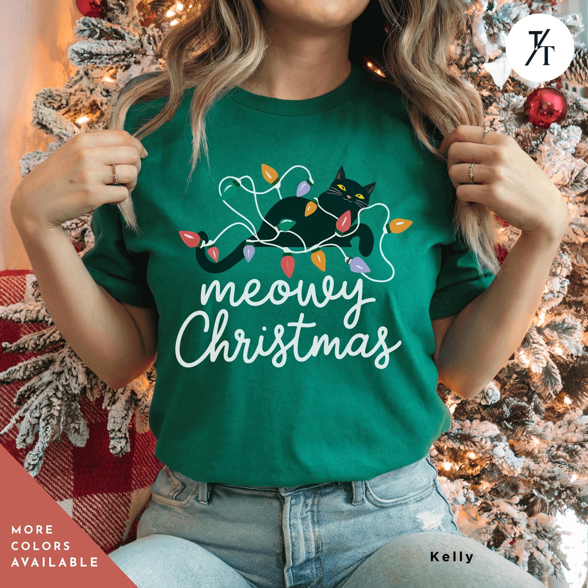 a woman sitting in front of a christmas tree, Meowy Christmas black cat christmas lights Shirt, Xmas Black Cats Shirt, Gift For Cat Lover Shirts, Gift For CatMom, Holiday Meowy Xmas Tee