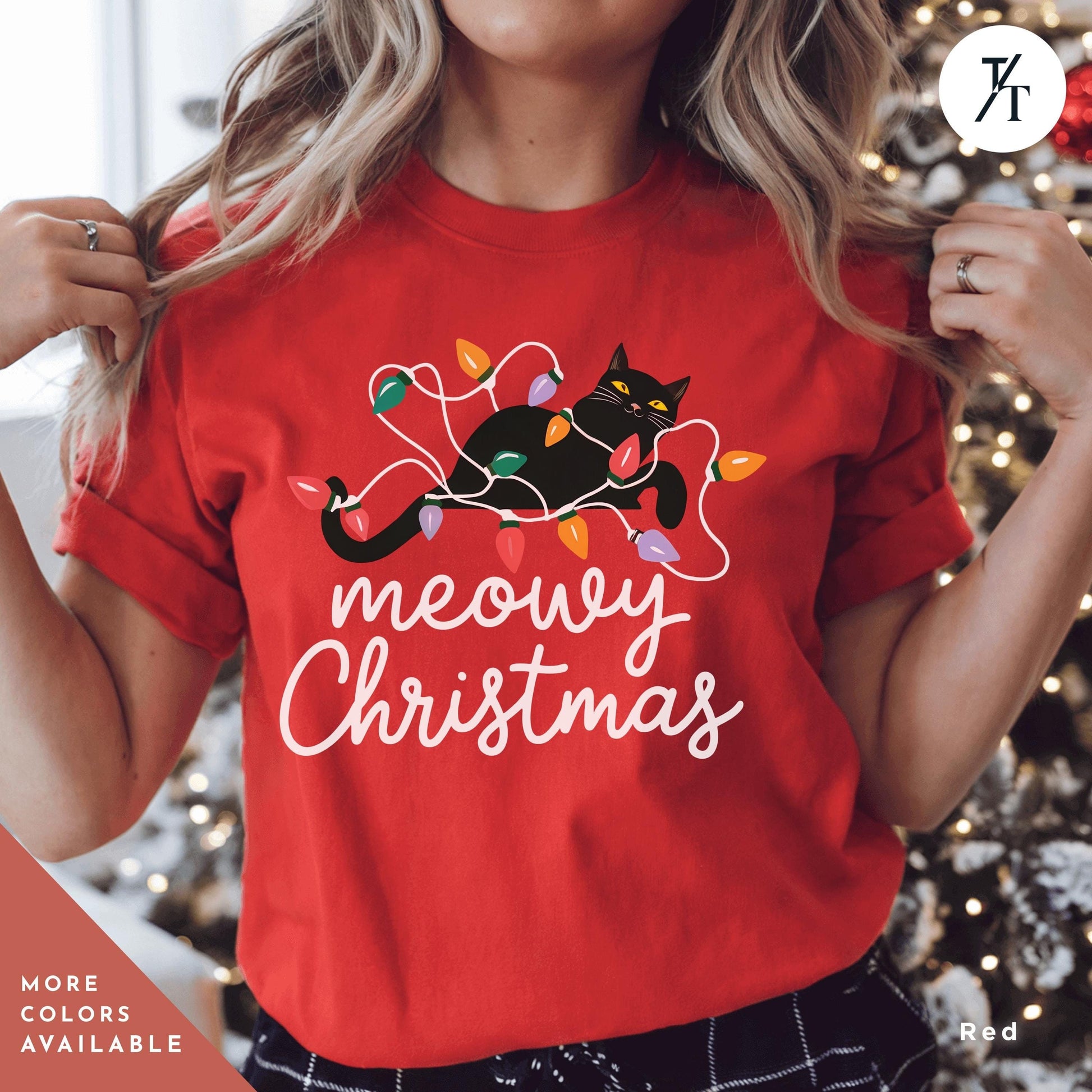 a woman wearing a red merry christmas t - shirt, Meowy Christmas black cat christmas lights Shirt, Xmas Black Cats Shirt, Gift For Cat Lover Shirts, Gift For CatMom, Holiday Meowy Xmas Tee