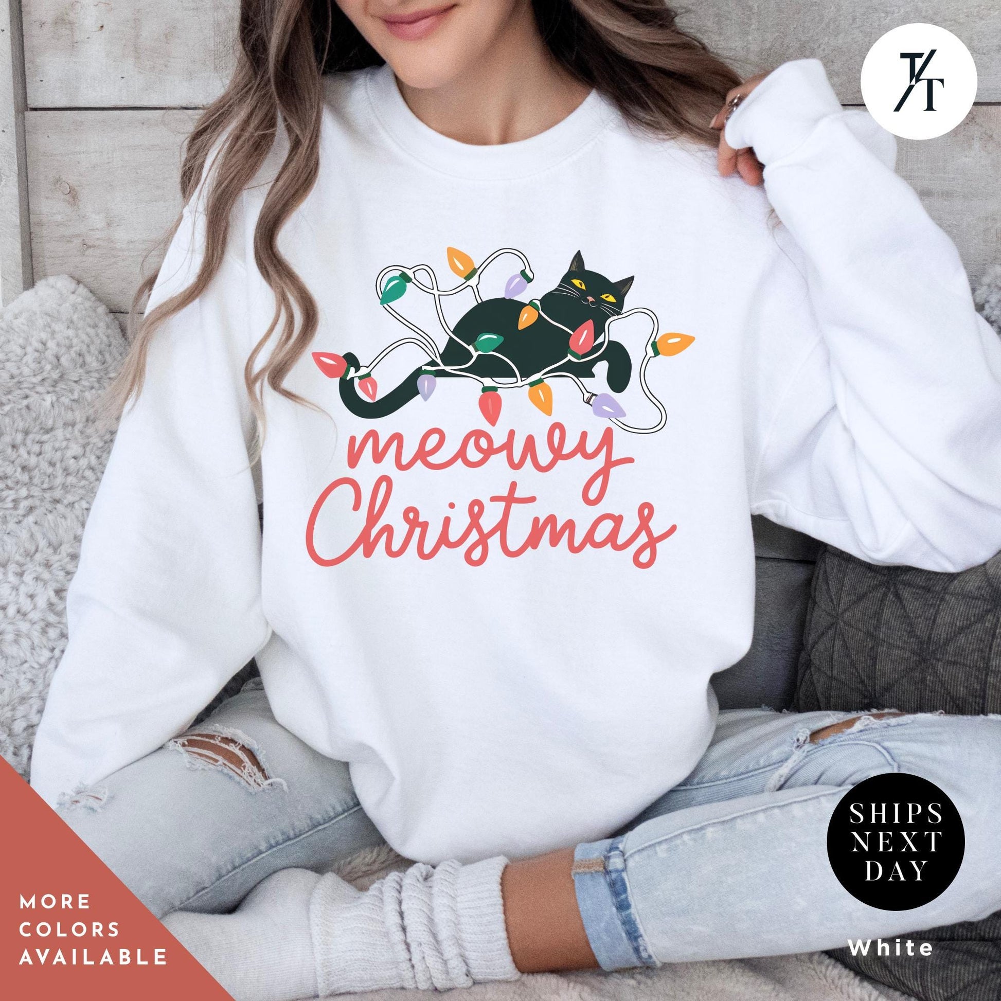 a woman wearing a sweatshirt that says Meowy christmas, Meowy Christmas Sweater - Catmas Sweatshirt, Meowy Christmas Sweatshirt, Gift For Cat Mom, Cute Cat Mom Sweatshirts, Holiday Sweatshirts
