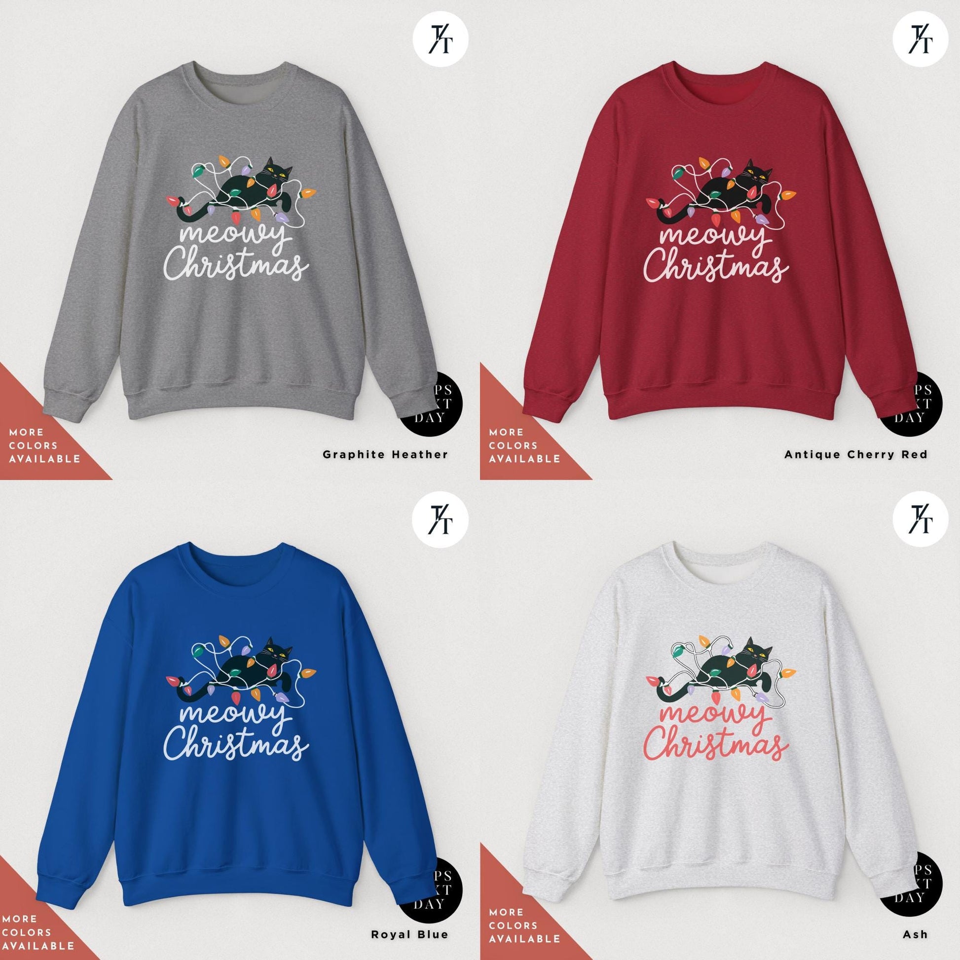 a set of four christmas sweaters with the words Meowy christmas on them, Meowy Christmas Sweater - Catmas Sweatshirt, Meowy Christmas Sweatshirt, Gift For Cat Mom, Cute Cat Mom Sweatshirts, Holiday Sweatshirts