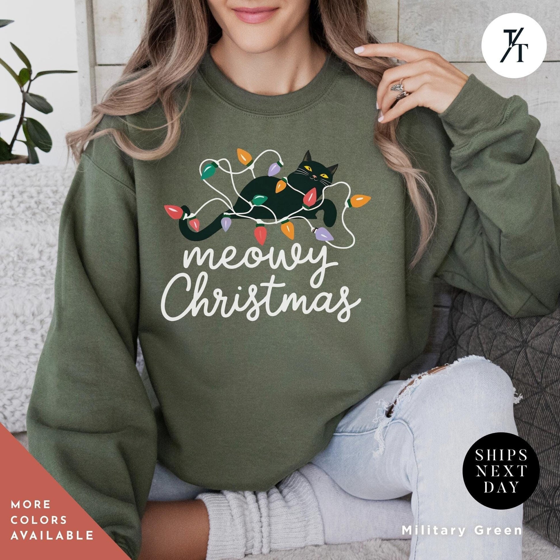 a woman wearing a sweatshirt that says Meowy christmas, Meowy Christmas Sweater - Catmas Sweatshirt, Meowy Christmas Sweatshirt, Gift For Cat Mom, Cute Cat Mom Sweatshirts, Holiday Sweatshirts