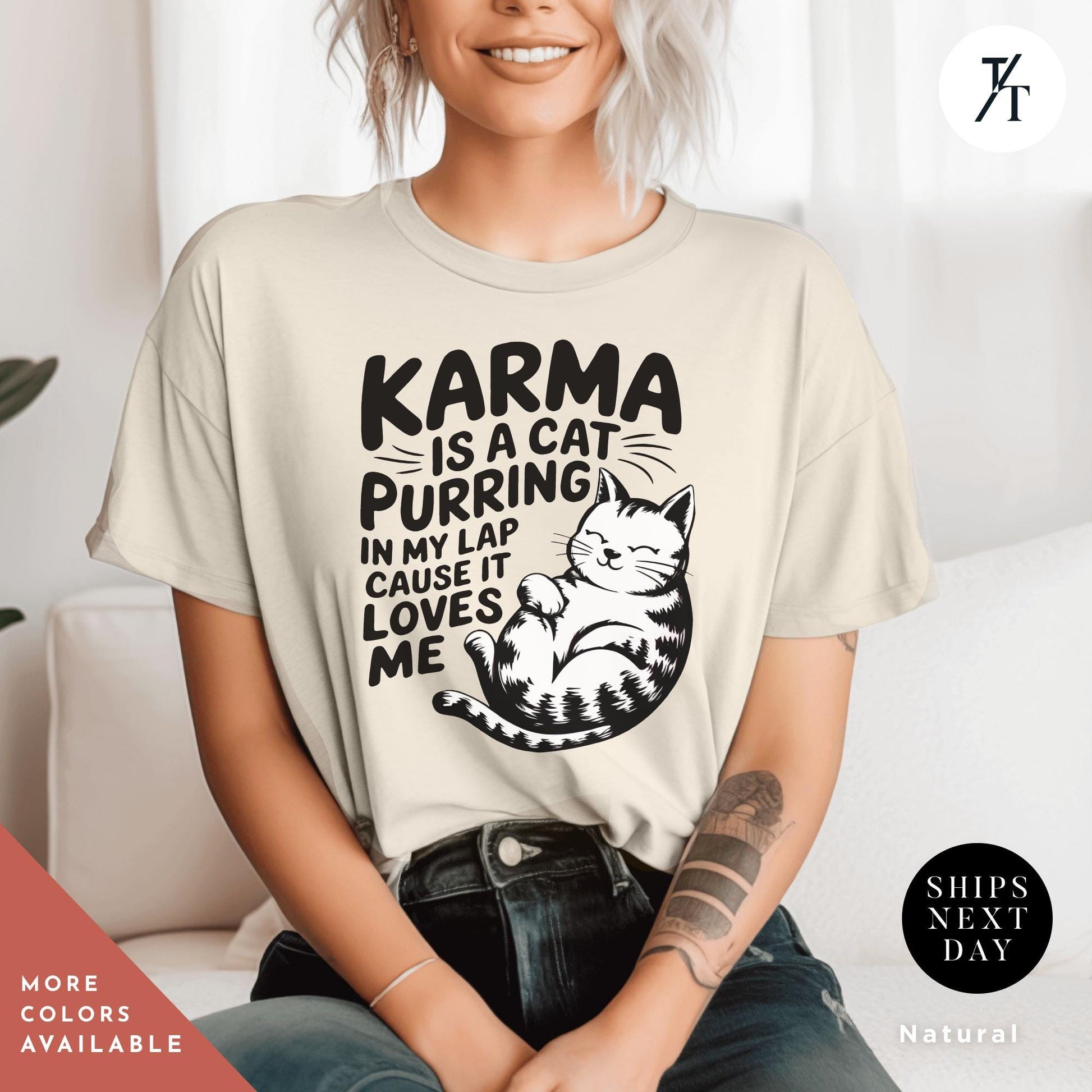 a woman sitting on a couch wearing a t - shirt that says karma is a cat, Karma is a Cat Purring in my Lap Cause it Loves Me Shirt Taylor Swiftie Merch, Karma Is A Cat Shirt, Cats Lover Shirts, Eras Concert Shirts