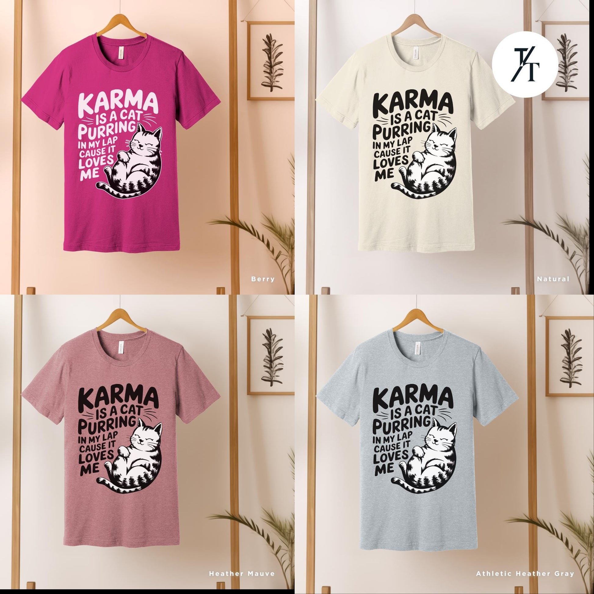 a group of four t - shirts with different designs on them, Karma is a Cat Purring in my Lap Cause it Loves Me Shirt Taylor Swiftie Merch, Karma Is A Cat Shirt, Cats Lover Shirts, Eras Concert Shirts