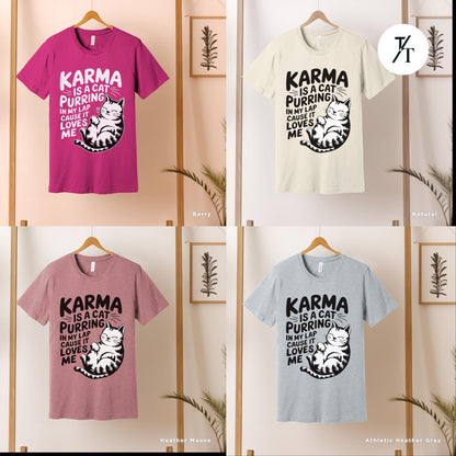 a group of four t - shirts with different designs on them, Karma is a Cat Purring in my Lap Cause it Loves Me Shirt Taylor Swiftie Merch, Karma Is A Cat Shirt, Cats Lover Shirts, Eras Concert Shirts