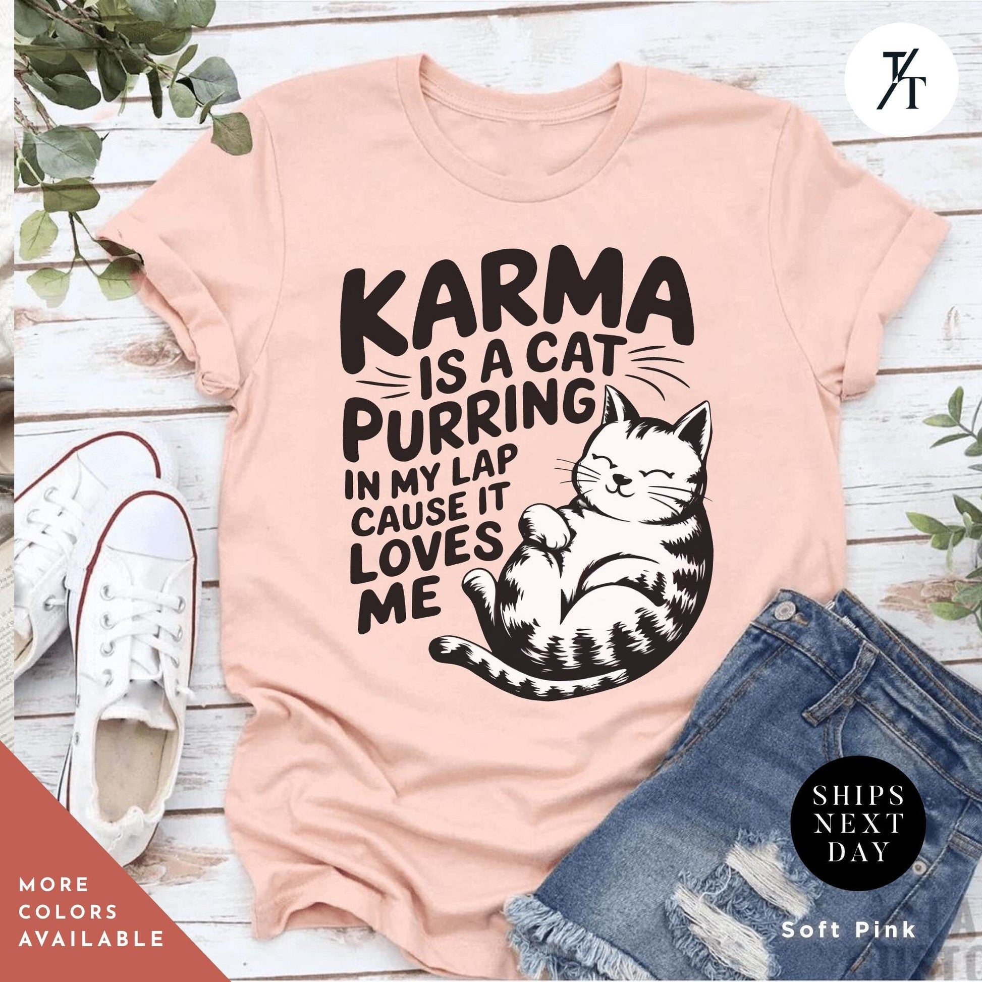 a pink shirt with a cat saying karma is a cat purring in my lap, Karma is a Cat Purring in my Lap Cause it Loves Me Shirt Taylor Swiftie Merch, Karma Is A Cat Shirt, Cats Lover Shirts, Eras Concert Shirts