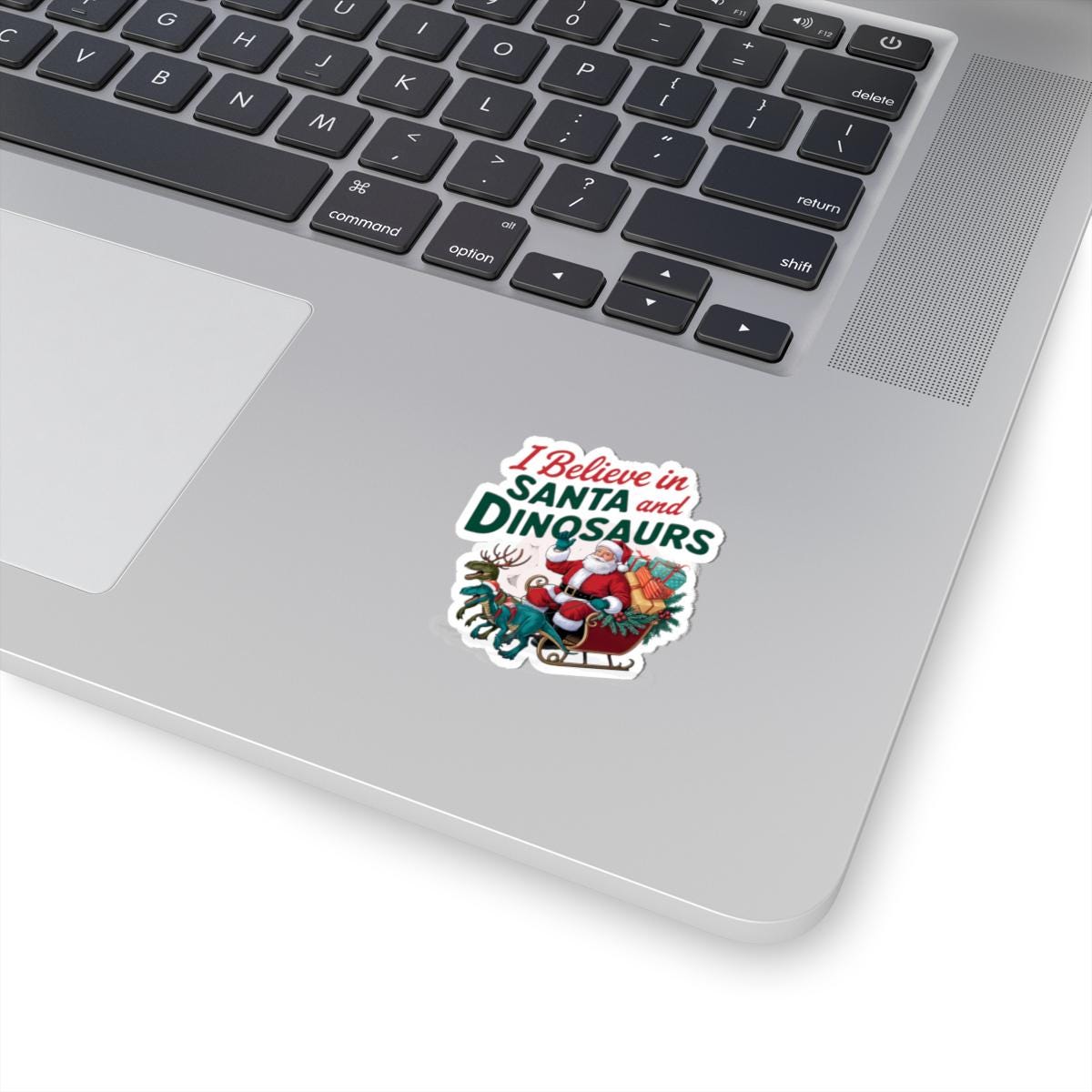 a laptop computer with a sticker on it, I believe in santa and dinosaurs christmas dinosaur decal, Dinosaur Christmas Vinyl Decal Xmas Sticker Dino Reindeers Xmas Stocking Stuffer