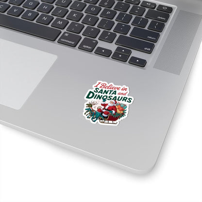 a laptop computer with a sticker on it, I believe in santa and dinosaurs christmas dinosaur decal, Dinosaur Christmas Vinyl Decal Xmas Sticker Dino Reindeers Xmas Stocking Stuffer