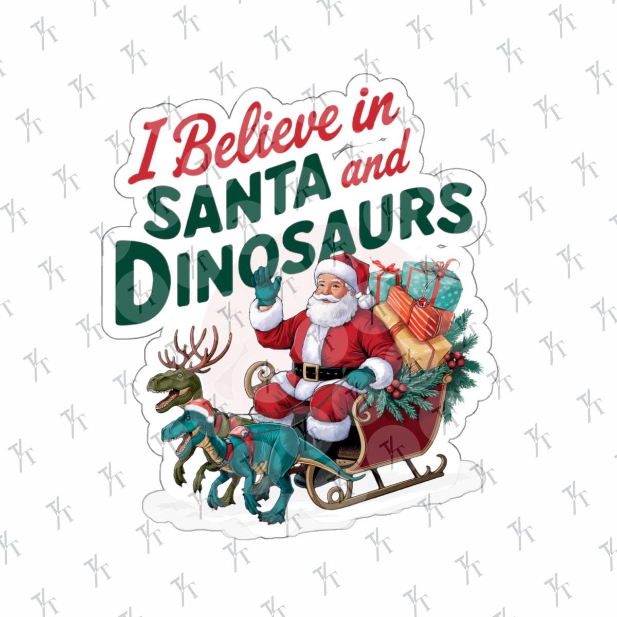 i believe in santa and dinosaurs on a sleigh, I believe in santa and dinosaurs christmas dinosaur decal, Dinosaur Christmas Vinyl Decal Xmas Sticker Dino Reindeers Xmas Stocking Stuffer