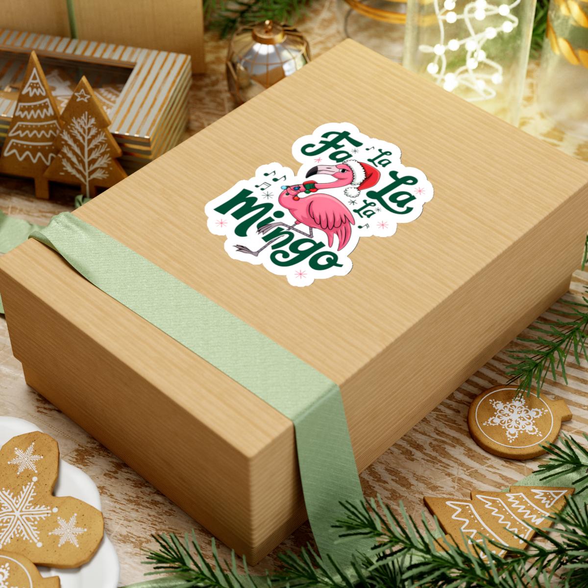 a box with a sticker on it sitting on a table, Christmas flamingo christmas tree lights flamingo sticker package, Packaging Stickers, Tropical Sticker, Coastal Xmas, Flamingos Stickers